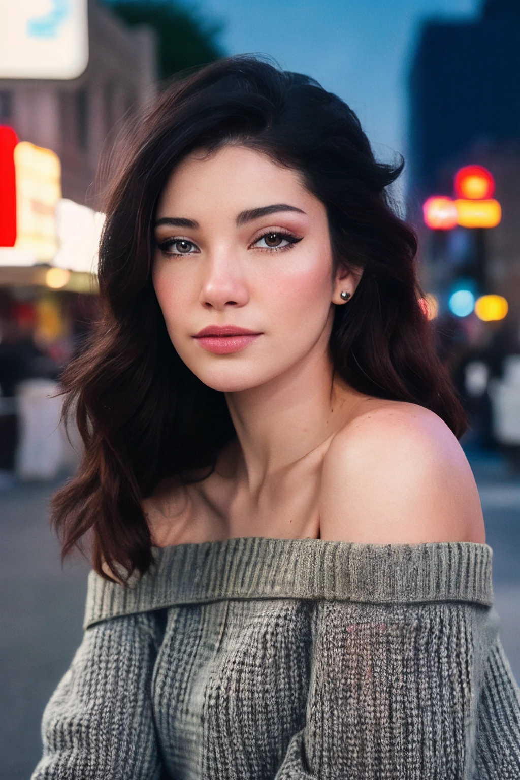 <lora:Jinx_Asmr_Lora:0.85>, photo of jinxasmr, large breasts, black hair, closeup portrait, posing, (vintage photo, sweater off-shoulder with a strap), Century Camera Co. Studio, 160mm f/8, 1/10s, ISO 25, ((tintype)), (analog, film, film grain:1.3), ((on Broadway street, night, gritty)), happy, 80s, ((detailed eyes)), (colorful), epiCRealism, epiCPhoto