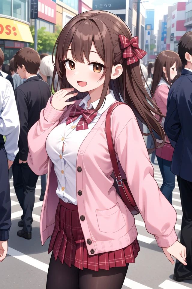 insanely detailed, absurdres, ultra-highres, ultra-detailed, best quality,
1girl, solo, nice hands, perfect hands
BREAK
(School Uniforms:1.2), (pink cardigan is fit body:1.4), ((do up a buttons, not loose):1.5), ((long sleeve, sleeves past wrists):1.2), (inner wear is white collared-shirt:1.3), (red plaid-pattern bow:1.3), (red plaid-pattern pleated skirt:1.3), ((dark-brown pantyhose, loafers):1.2)
BREAK
happy smile, laugh, open mouth, standing,
from side,
cute pose, cowboy shot
BREAK
slender, kawaii, perfect symmetrical face, ultra cute girl, ultra cute face, ultra detailed eyes, ultra detailed hair, ultra cute, ultra beautiful
BREAK
in harajuku, shibuya, tokyo, street, crowd, cityscape
BREAK
medium large breasts,
(brown hair, brown eyes), hime cut