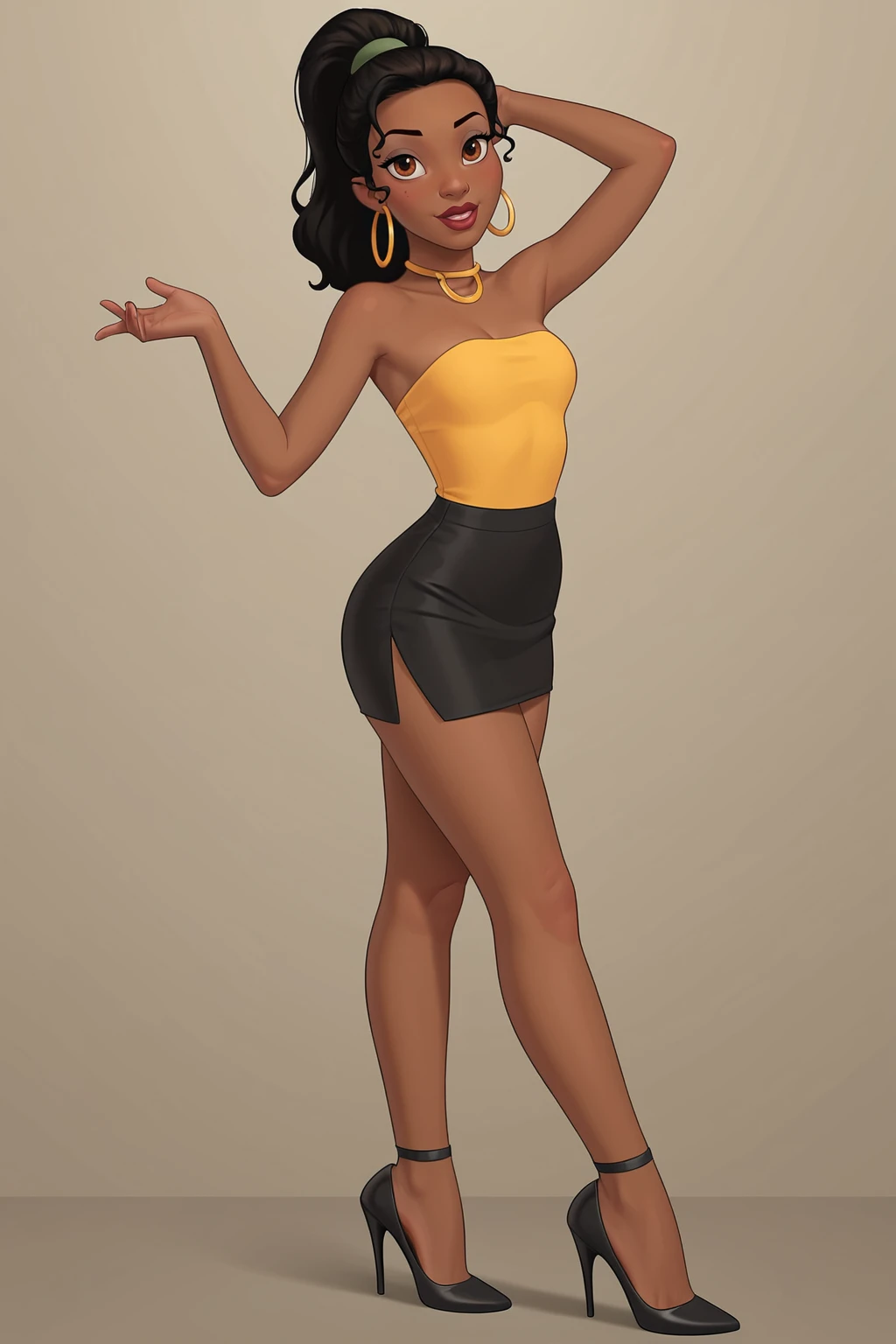 score_9, score_8_up, score_7_up, score_6_up, score_5_up, score_4_up, BREAK, 1girl, <lora:Tiana-000005:.7>, Tiana, Disney, dark skin, very dark skin, dark-skinned woman, brown eyes, black hair, ponytail, yellow tube top, strapless tube top, black short skirt, black high heels, modeling pose, hoop earrings