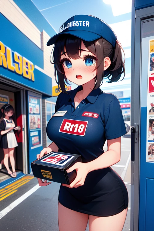 (((masterpiece, best quality, very aesthetic, absurdres))), (((2girls))), (((blockbuster))), (((red "R18" word logo))), ((clerk holding a video rental store goods)),blue cap, blue polo shirt, khaki pants, look at each other, (((storefront))), (((glass door))), (((night))), parted lips, guest in short dress, solo, 1girl, ribbon, sweat, shy, blush, open mouth, moist skin, pretty face, big tits, slim figure, <lora:girllikeblockbuster:1>