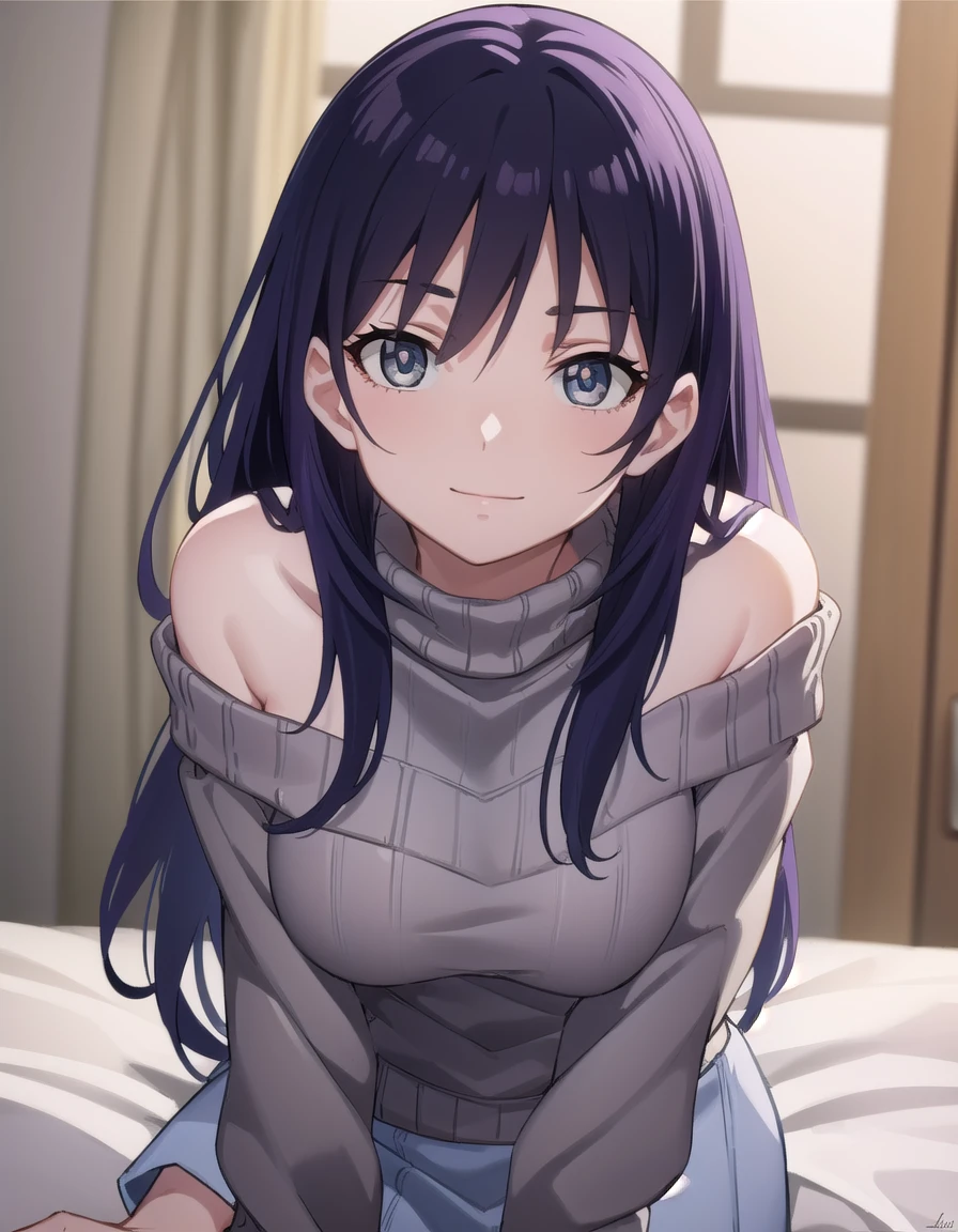 yurikotobiki, <lora:yuri kotobiki-lora-nochekaiser:1>,
yuri kotobiki, long hair, black hair, (grey eyes:1.3),
BREAK off shoulder, sweater, purple sweater, skirt, white skirt,
BREAK indoors, bed, bed room, smile,
BREAK looking at viewer, (cowboy shot:1.5),
BREAK <lyco:GoodHands-beta2:1>, (masterpiece:1.2), best quality, high resolution, unity 8k wallpaper, (illustration:0.8), (beautiful detailed eyes:1.6), extremely detailed face, perfect lighting, extremely detailed CG, (perfect hands, perfect anatomy),