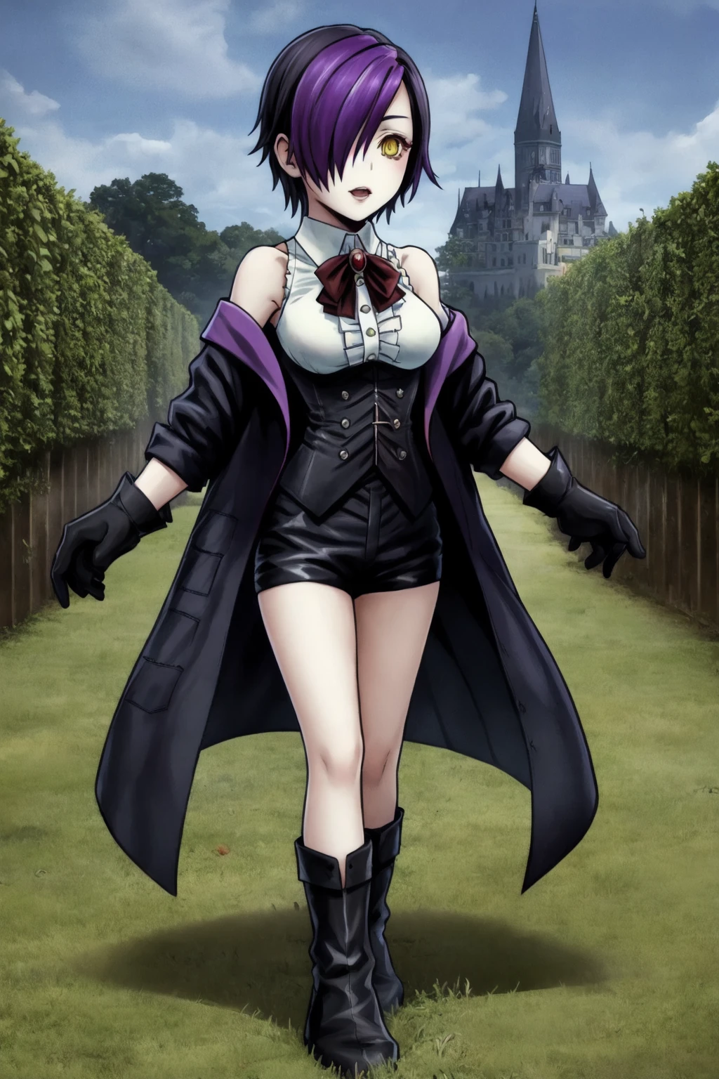 nihilo, a beautiful girl, solo,pale skin, hair over one eye, yellow eyes, short hair, black hair, white collared shirt,black open coat,off shoulder,full body,black boots, fighting stance, purple hair, looking ahead,one eye covered, sleeveless, wine bowtie, black short shorts,night , closed mouth, center frills, streaked hair, medium breasts, red brooch, underbust,black corset, black gloves,outdoors, stone wall,gothic architecture,medieval, (best quality, masterpiece,realistic)  <lora:nihilo_v1:1> <lora:dissidia_v1:0.8>