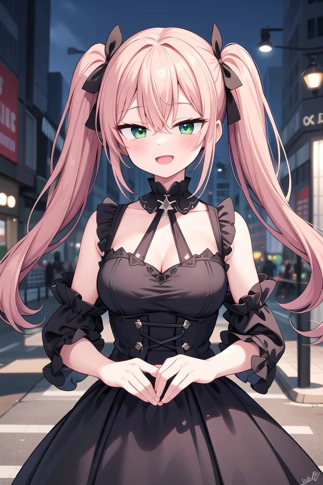 (High quality, High resolution, Fine details), (shopping street), Silver accessories, (Black ruffled dress), (Miniskirts), solo, curvy adult women, (Twintails hair, pink hair), sparkling eyes, (Detailed eyes:1.2), (Dark makeup:1.2), smile, blush, Sweat, Oily skin, View from above, Soft tones, shallow depth of field