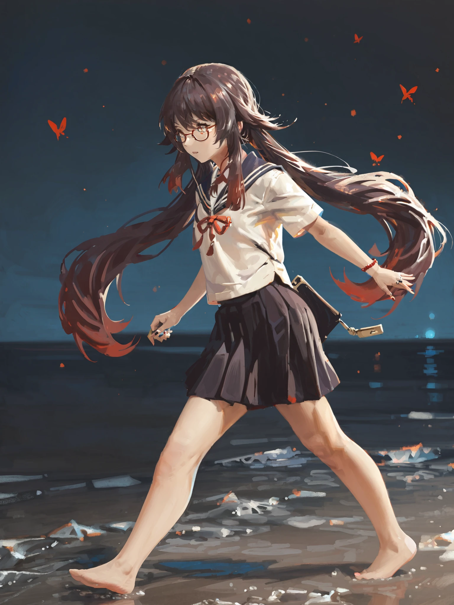 masterpiece, best quality, <lora:style31-xl-a3.1:1>,1girl,solo,hu tao \(genshin impact\),school uniform, skirt,white shirt,walking, outdoors,night,ocean,barefoot,bare legs, twintails, long hair,very long hair