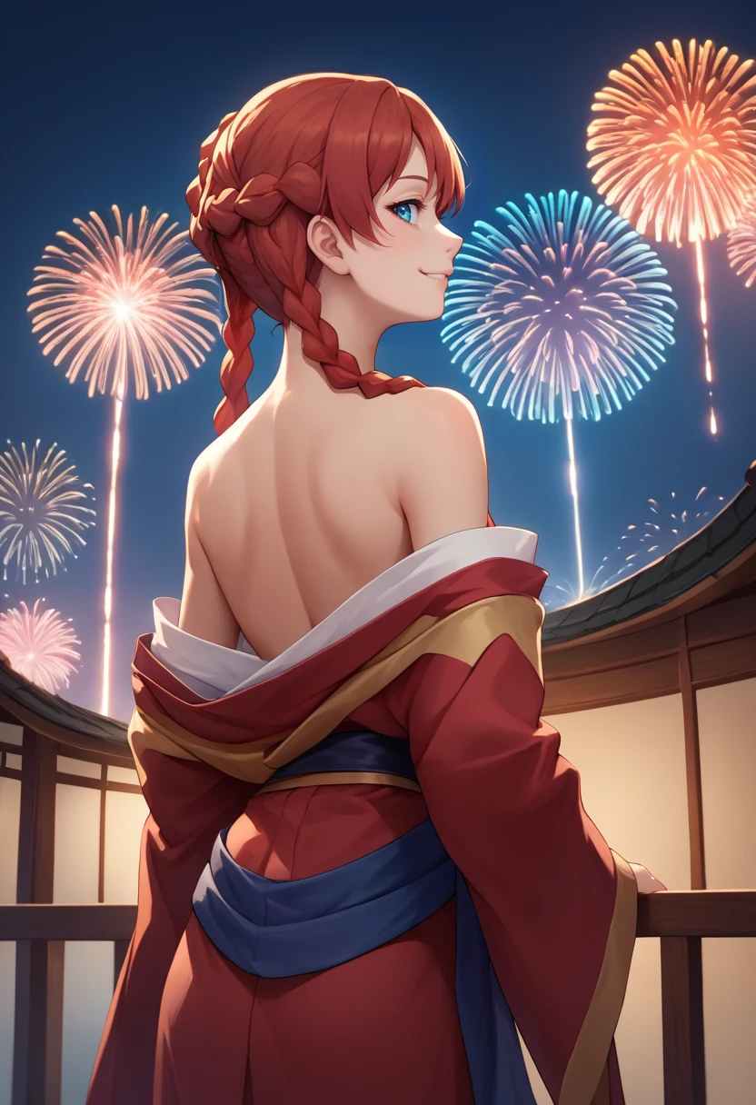 score_9, score_8_up, score_7_up, source_anime, from behind, solo, 1girl, selesia upitiria, smile, looking back, twin braids, red kimono, off shoulder, blue sash, bare shoulders, fireworks <lora:recreators_upitiria_ponyXL:1>