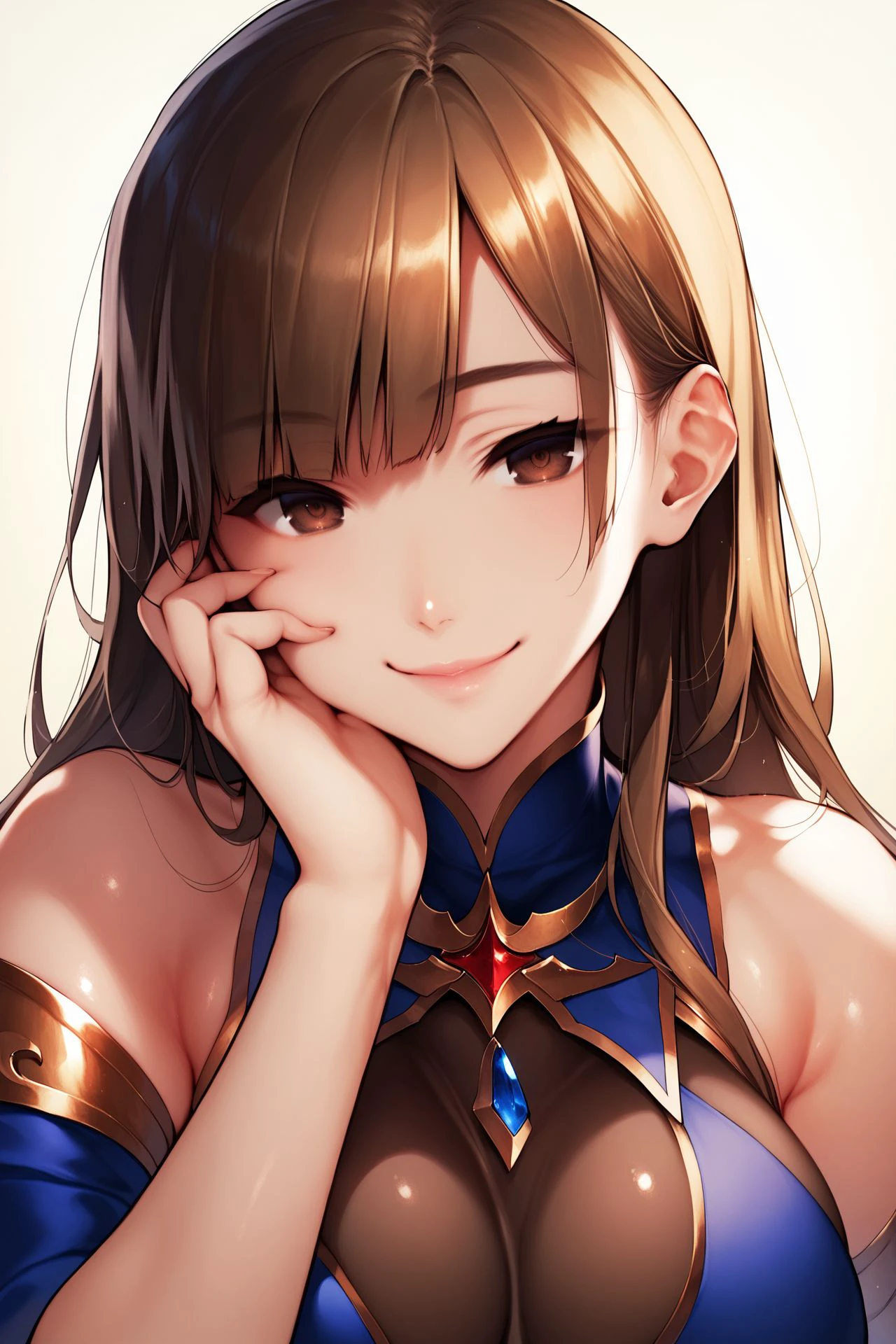 score_9, score_8_up, score_7_up, 1girl, smile, bronze hair, asymmetrical_bangs, dark_brown eyes, large breasts, hand on own cheek,  backlighting <lora:hizuki_akira_PonyXL_style_v01:1>