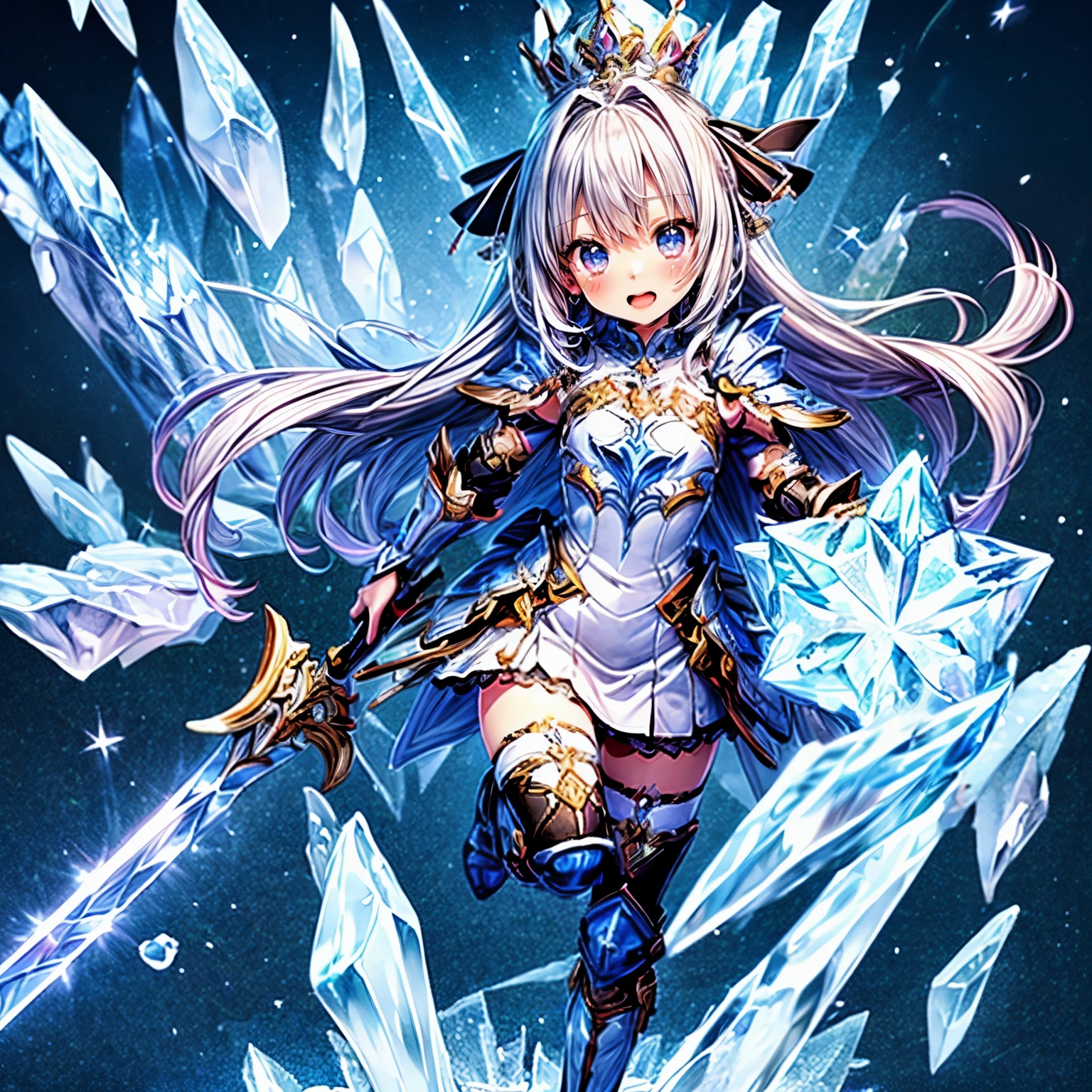 (masterpiece,ultra-detailed,best quality,8K,illustration:1.0),(ite girl:1.0) <lora:more_details:1>,cute face
<lora:himekishi v1.0:0.8> himekishi, jyojifuku, weapon, armor, boots, thighhighs,skirt <lora:ice:0.5> ice,ice magic ,ice dress,ice weapon