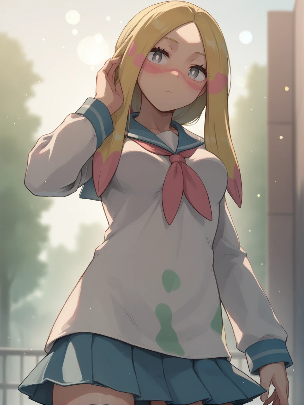 score_9,score_8_up,score_7_up,score_6_up,rating_explicit,source_anime BREAK
1girl, mina (pokemon), blonde hair, long hair, facepaint, multicolored_hair, grey eyes, eyelashes, parted bangs, medium breasts, white pupils, low ponytail
school uniform, skirt, thighhighs, neckerchief, long sleeves,
standing, blush,, bokeh, light particles, dynamic angle,
<lora:mina_v1_0:0.8>