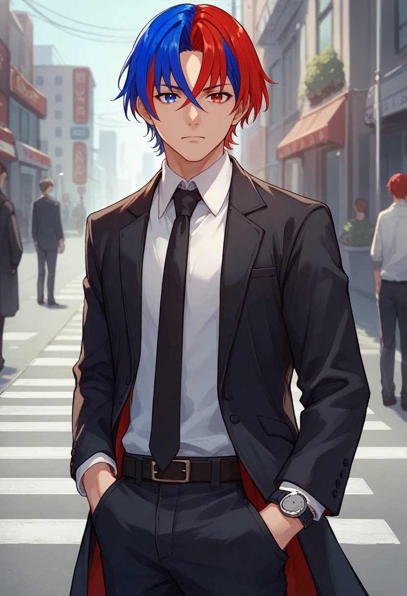 score_9, score_8_up, score_7_up, source_anime, 1boy, solo focus, looking at you, hand in pocket, <lora:AlearM-pdxl:1> defAlearM, heterochromia, split-color hair, red hair, blue hair, black suit, necktie, dress shirt, wristwatch, city street, crosswalk