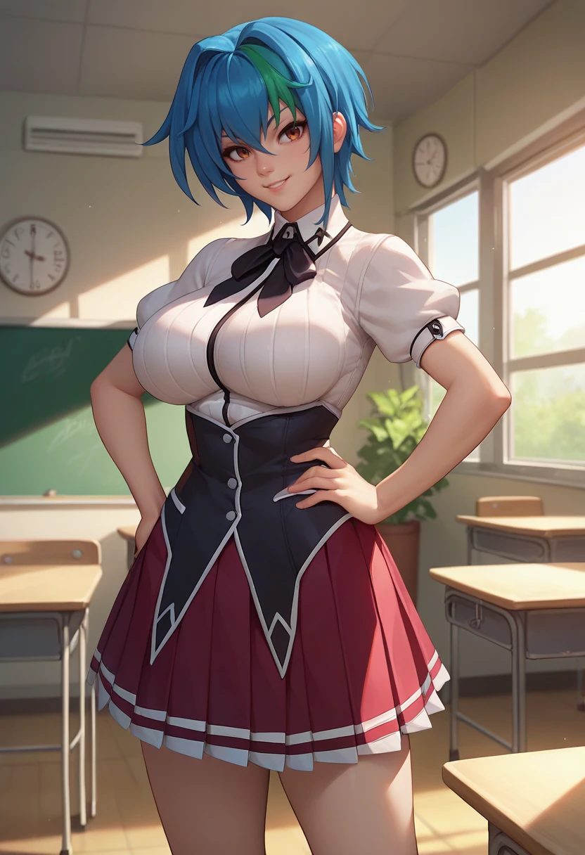 score_9, score_8_up, score_7_up, source_anime, solo, 1girl, xenovia quarta, smile, looking at viewer, standing, hand on own hip, school uniform, white shirt, black ribbon, neck ribbon, puffy short sleeves, corset, red skirt, pleated skirt, large breasts, indoors, classroom <lora:highschooldxd_xenovia_ponyXL:1>