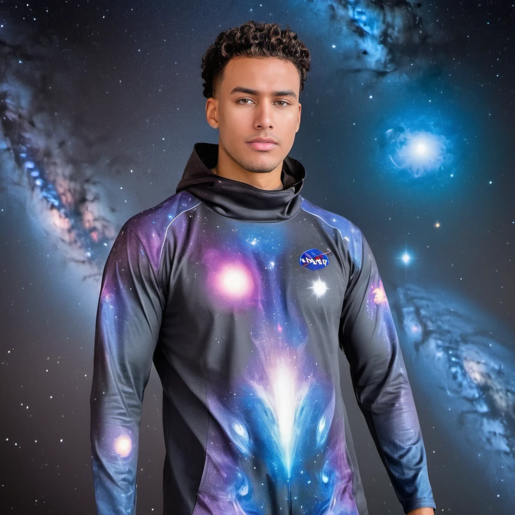 Hyperrealistic art photo of a man, wearing a galactic outfit, at a galaxy, looking at viewer, j0rd4n, <lora:jord51:.9> . Extremely high-resolution details, photographic, realism pushed to extreme, fine texture, incredibly lifelike