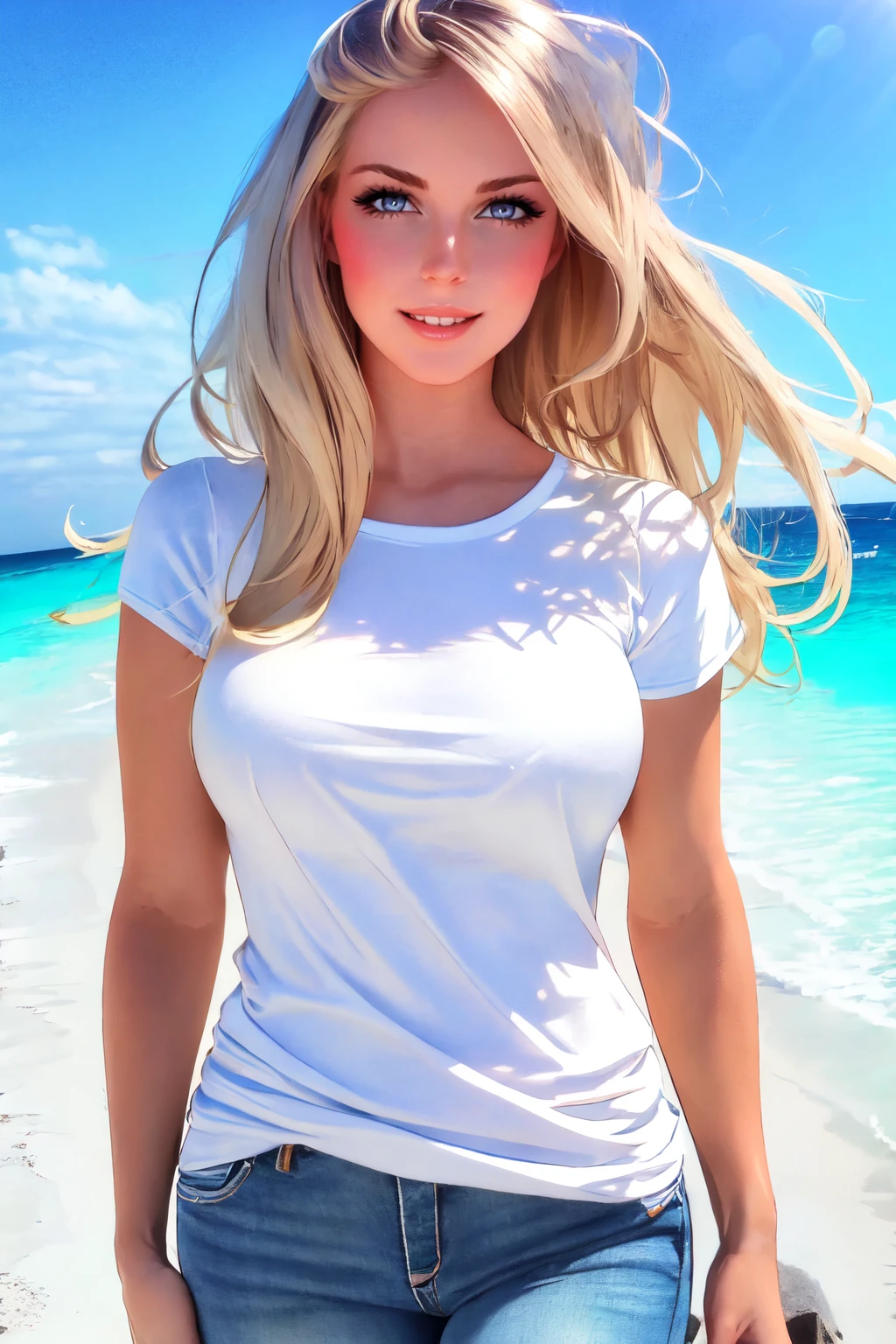 beautiful eyes, beautiful girl, high detail skin, high detail eyes, high detail hair, highres, ultra detailed, sharpen picture, Highly detailed, masterpiece, best quality, photorealistic,
 <lora:KrissioneLora:1> 1girl, solo, realistic, long hair, blonde hair, lips, looking at viewer, smile, blue eyes, jewelry,smile, tshirt, jeans, walking on the beach