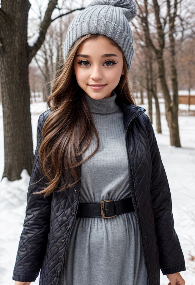 1girl, solo, (half-body-shot:1.3, facing-viewer:1.3), <lora:arianagrande:0.8> arianagrande, brown hair, brown eyes, intricate, absurdres, highest-quality, extremely-detailed, masterpiece, 8k UHD, 4k HDR, RAW photograph, film-grain,  film-grain,<lora:add_detail:0.9> (turtle neck sweater, kerchief, long dress, beanie, leggings, quilted jacket), winter, snow, at forest, smiling