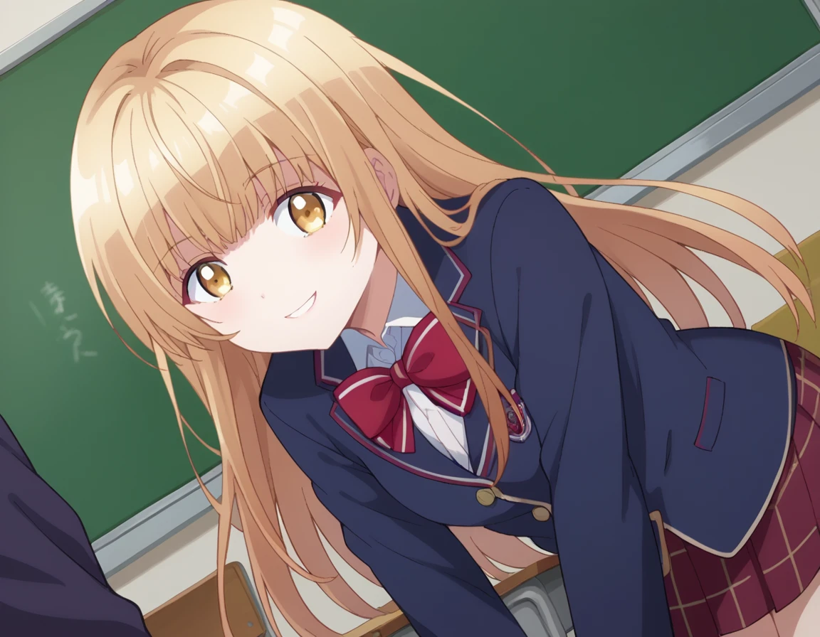 score_9, score_8_up, score_7_up, source_anime,
mahirushiina, <lora:mahiru-shiina-s1-ponyxl-lora-nochekaiser:1>
mahiru shiina, bangs, blonde hair, brown hair, yellow eyes,
long hair, skirt, bow, school uniform, jacket, pleated skirt, plaid, plaid skirt, blazer, cardigan, blue blazer, red bowtie,
indoors, classroom, smile, bent over,
looking at viewer, dutch angle, cowboy shot