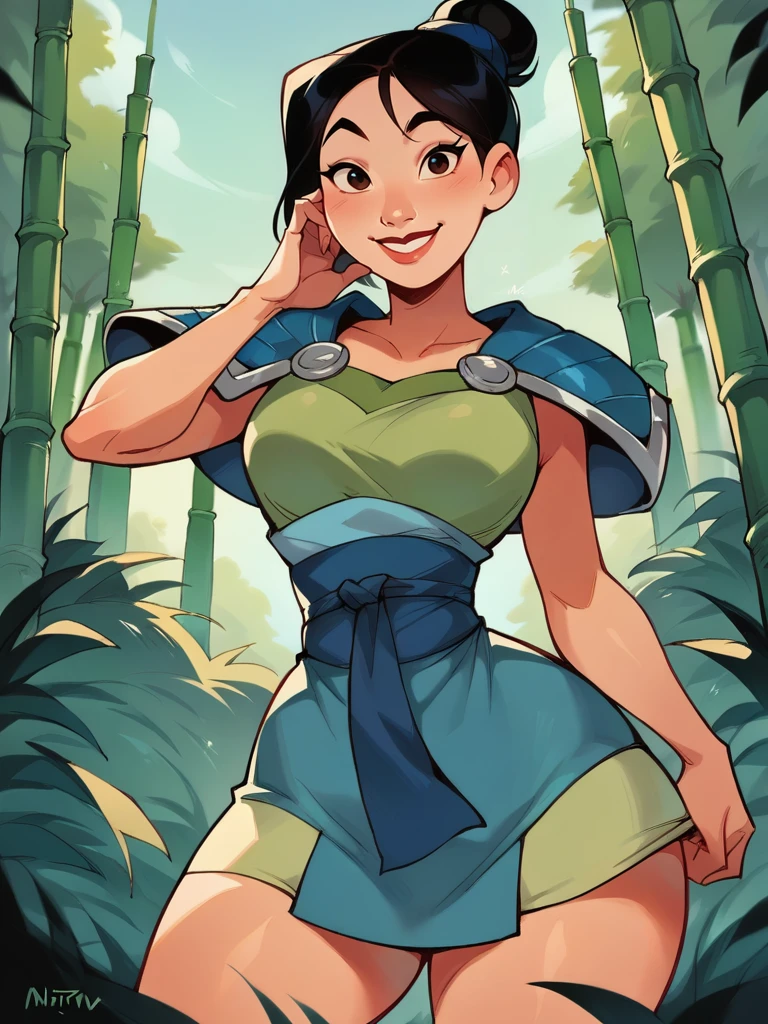 score_9, score_8_up, score_7_up, score_6_up, MulanXLP, single hair bun, smile, armor, shoulder armor, topknot ,sexually suggestive, nsfw ,medium breasts, narrow waist, wide hips, thick thighs, looking at viewer, cowboy shot, cartoon, dynamic pose, smile, cute, wide shot, solo, chinese temple, bamboo forest,disney, dutch angle, 1boy,
<lora:MulanXLP_character:1>
