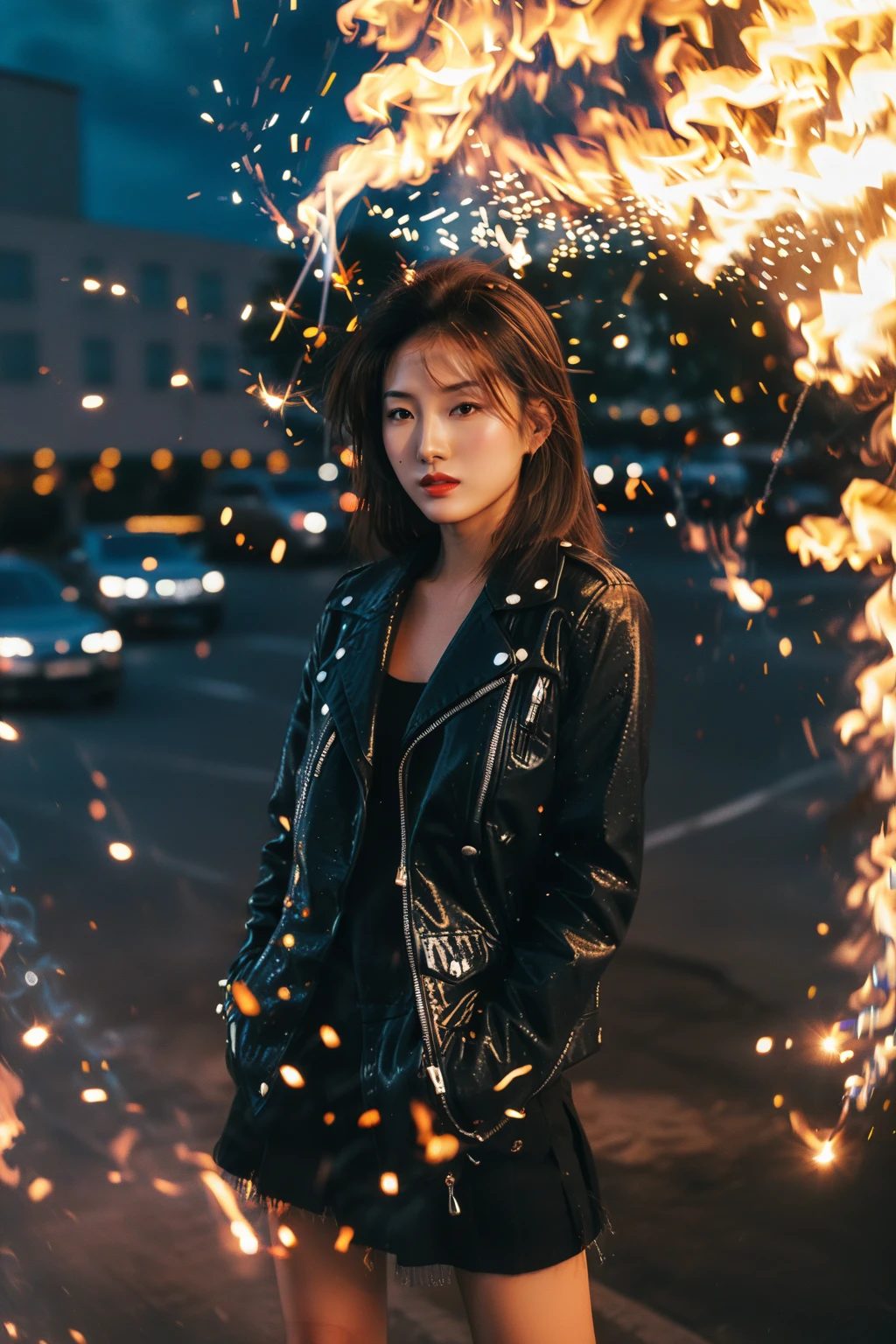 an asian girl,film grain texture,analog photography aesthetic,fire,fireworks,night,<lora:disillusion Â· fireworks_SDXL:1>,(Leather_jacket:1.4),portrait,cityscape,