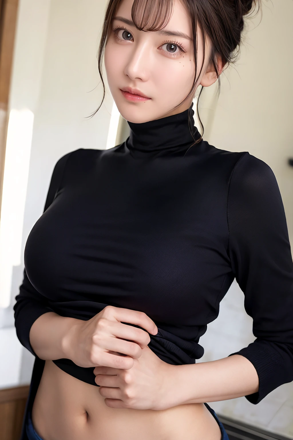 1girl, rinhachimitsu_jav, breasts, hair bun, black hair, brown hair, brown eyes, bangs, <lora:JAV_rin_hachimitsu_v1_epoch_10:0.8>
looking at viewer, shot using canon DSLR,  from front, cowboy shot, turtleneck shirt, skirt, highwaist,
detailed body, attractive body, perfect human body, realistic face, good hands,
(ultimate quality, masterpiece, highres:1.0), realistic:1.8, photorealistic,  <lora:goodhands_Beta_Gtonero:1>