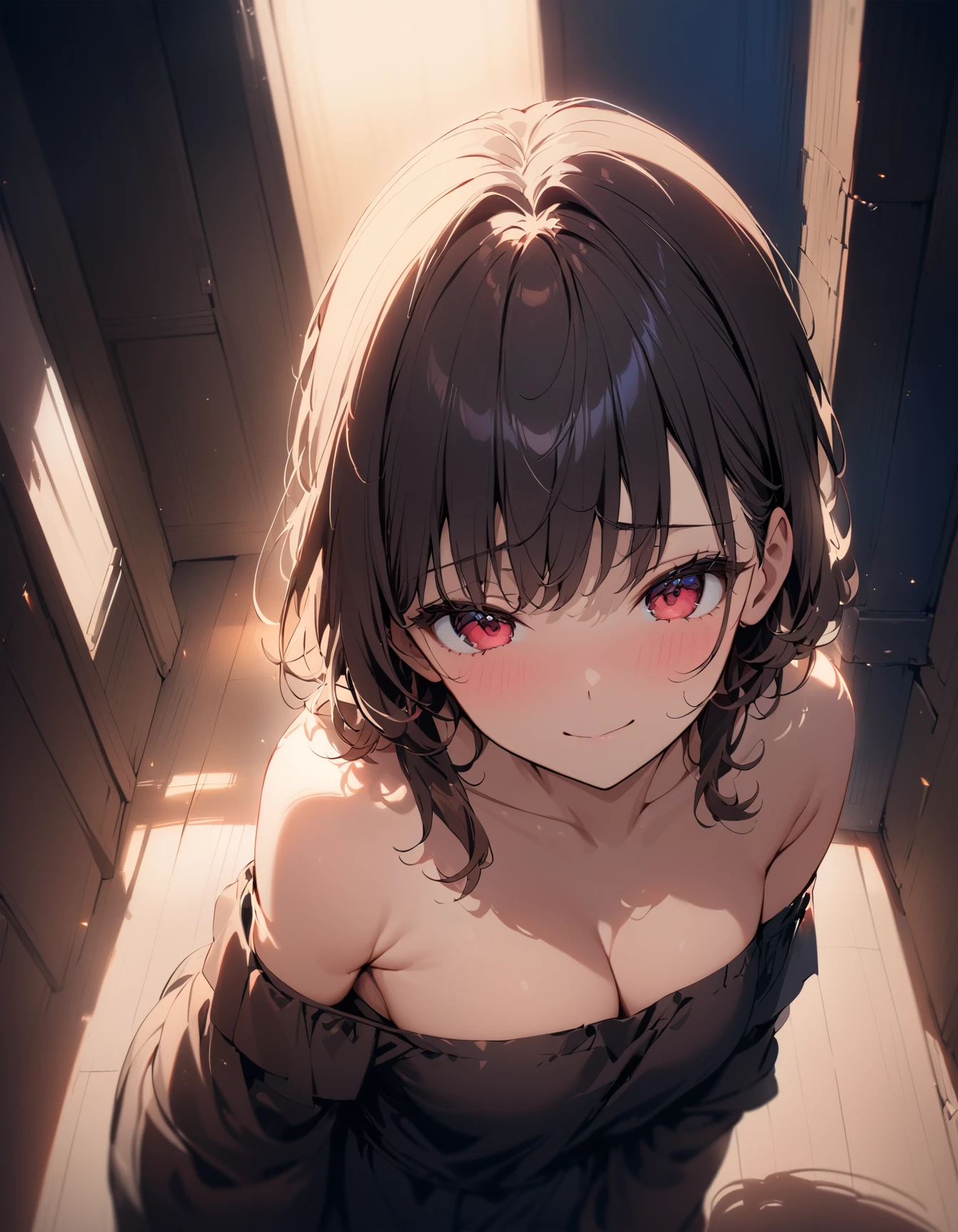 Best quality, masterpiece, film grain, full-length portrait, raw photo of 20 years old woman in off-shoulder, waist up, shy smile face, low angle/from above, cleavage, high key light, hard shadow, dark theme,
<lora:hinaLovelyGirlLycorisXL_v10:1>