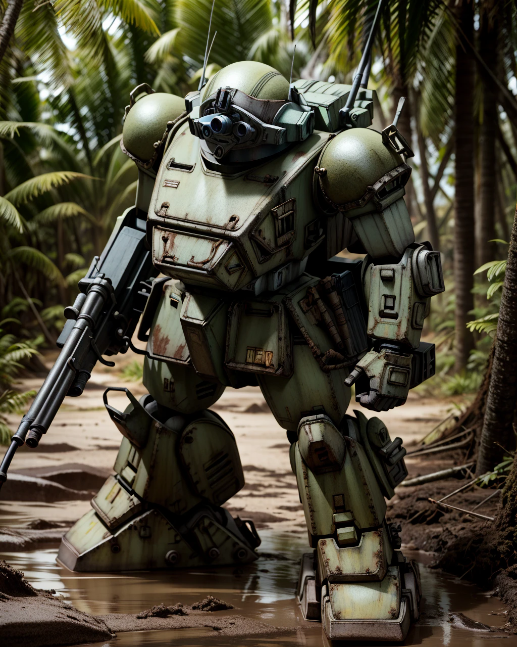 <lora:neg4all_bdsqlsz_V3.5:-1> 
 <lora:VOTOMS:1> votoms, robot, mecha, science fiction, realistic, no humans, weapon, machinery Tropical Jungle trees,mud,machine gun, buzzuka shiled,close-up, led scope
<lora:Modelaging_last:1>