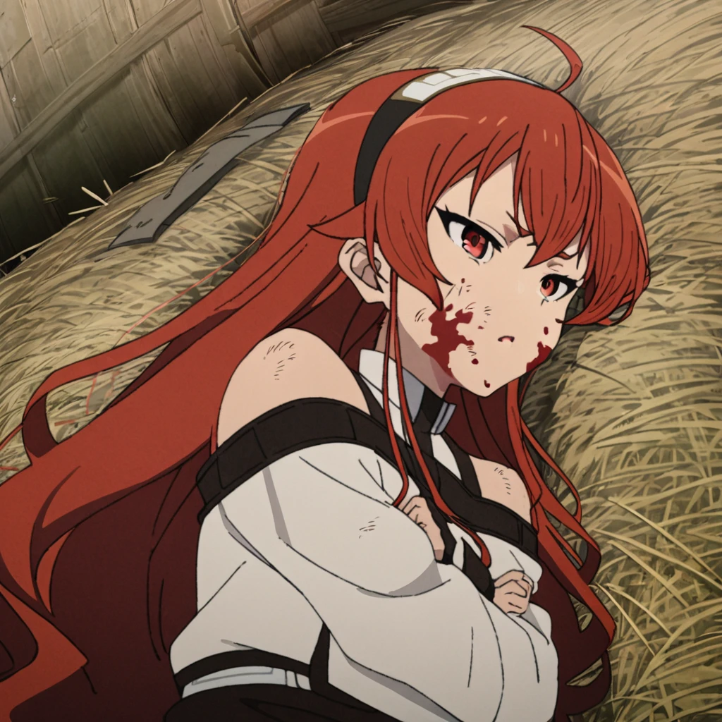 1 girl, eris, red hair, white and black top, red eyes, black eyeliner, blood on face, looking at camera, laying down on hay bale, sleepy, shed, masterpiece, high quality,  <lora:eris_greyrat-000007:1>