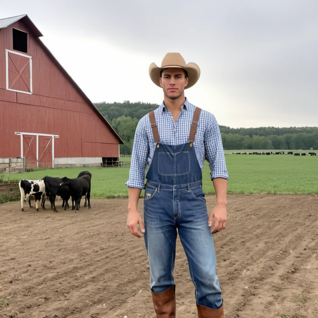 Hyperrealistic art full body photo of a man, wearing a country boy outfit, at a farm, looking at viewer, j0rd4n, <lora:jord51:.9> . Extremely high-resolution details, photographic, realism pushed to extreme, fine texture, incredibly lifelike