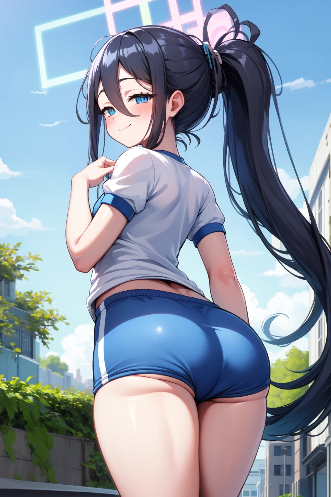masterpiece, best quality, highres, videl2, solo, blue eyes, black hair, twintails, medium breasts, cowboy shot, from side, gym, ass, tights