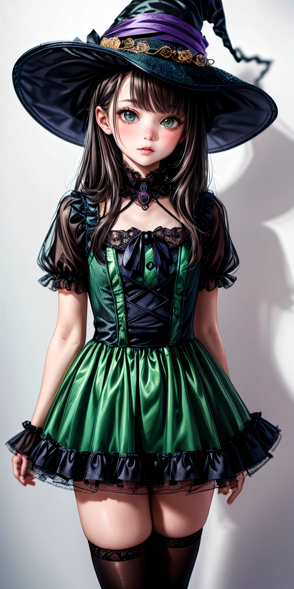 (masterpiece,ultra-detailed,best quality,8K,illustration:1.0),(ite girl:1.0) <lora:more_details:1>,cute face,simple background
<lora:witch v1.0:0.5> jyojifuku, witch, hat, dress, halloween,thighhighs,green clothes,