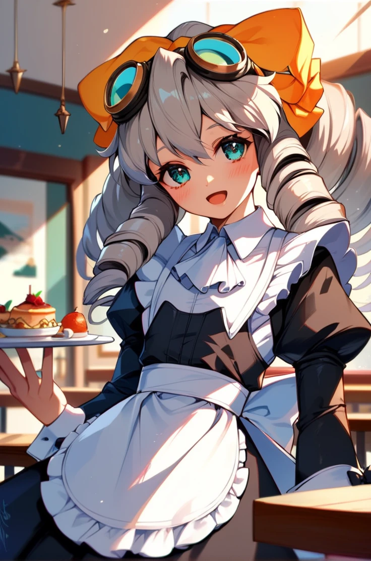 score_9, score_8_up, score_7_up, very aesthetic, source_anime, detailed, high quality, beautiful, masterpiece, detailed eyes, 
<lora:lightXL:0.8>
restaurant, indoor,
cowboy shot,  close up, 
flat chest, blush,  smile, open mouth, presenting foods, (maid uniform),
<lora:maria_autismConfetti_v01:0.99>
maria balthasar, 1girl, aqua eyes, grey hair, drill hair, goggles on head, hair ribbon,, zPDXL