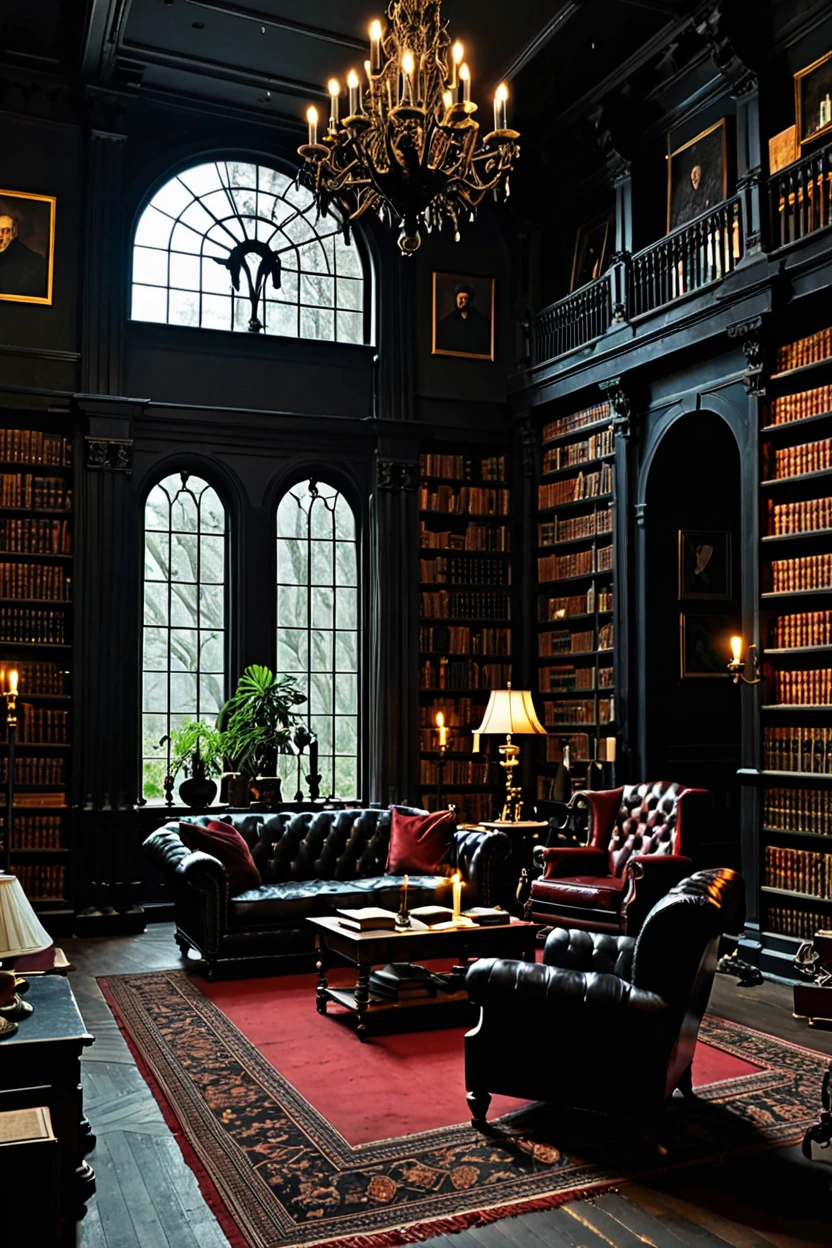 ((masterpiece, best quality)), high resolution, highly detailed, 32k picture, realistic, professional photo, Dark Academia, indoors, dark theme, tree, no humans, window, chair, table, plant, lamp, candle, library, red carpet, candlestand, chandelier, books, <lora:Dark_Academia_SDXL:0.8>,