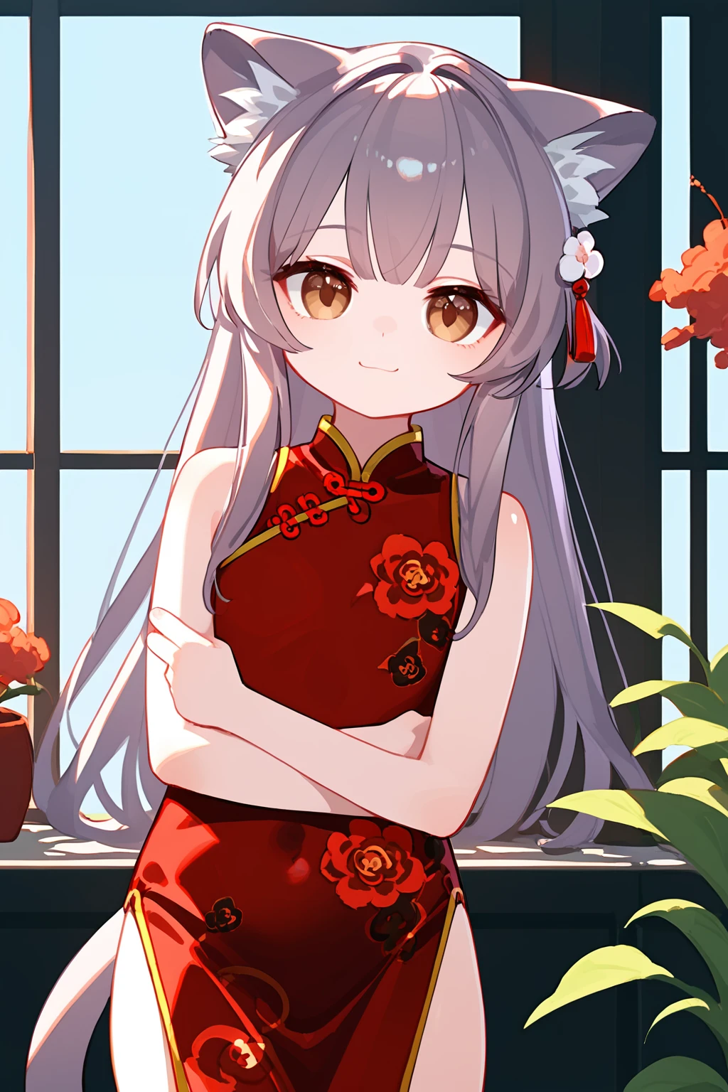 (score_9,score_8_up,score_7_up), shiny skin, 1girl, <lora:Milk_PonyXL_v1:1>, cat ears, animal ear fluff, long hair, light purple hair, grey hair, brown hair, brown eyes, cat tail, red china dress, floral print, flat chest, smile,