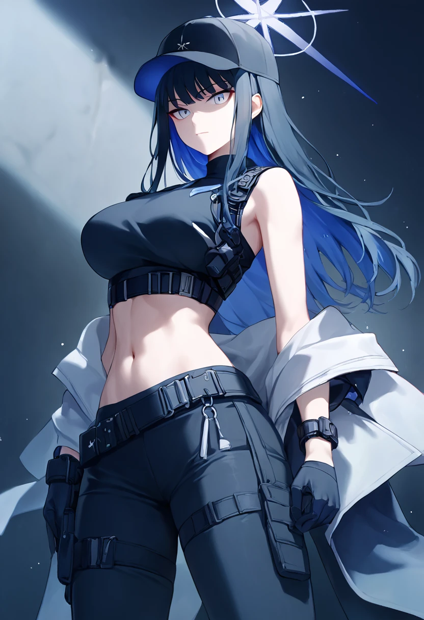 score_9,score_8_up,score_7_up,<lora:blue_archive_all:1>,
saori_\(blue_archive\),1girl,large_breasts,navel,baseball_cap,black_shirt,sleeveless_shirt,bare_shoulders,stomach,black_hat,black_gloves,black_pants,midriff,