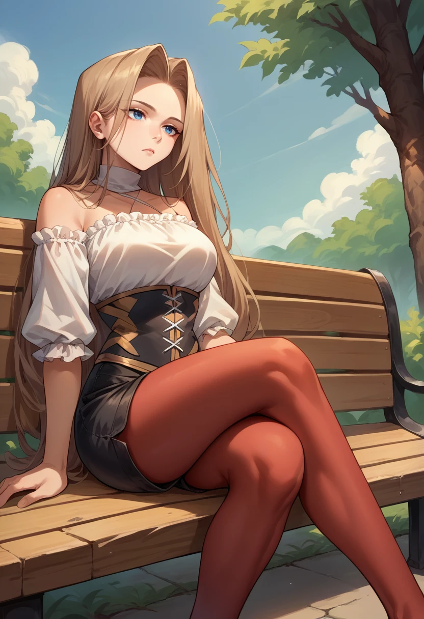 score_9, score_8_up, score_7_up, source_anime, 1girl, solo, Methode, light brown hair, blue eyes, long hair, criss-cross halter, white shirt, corset, black shorts, red pantyhose, outdoors, sitting, on bench, expressionless, <lora:ChamMethodePonyXL:1>