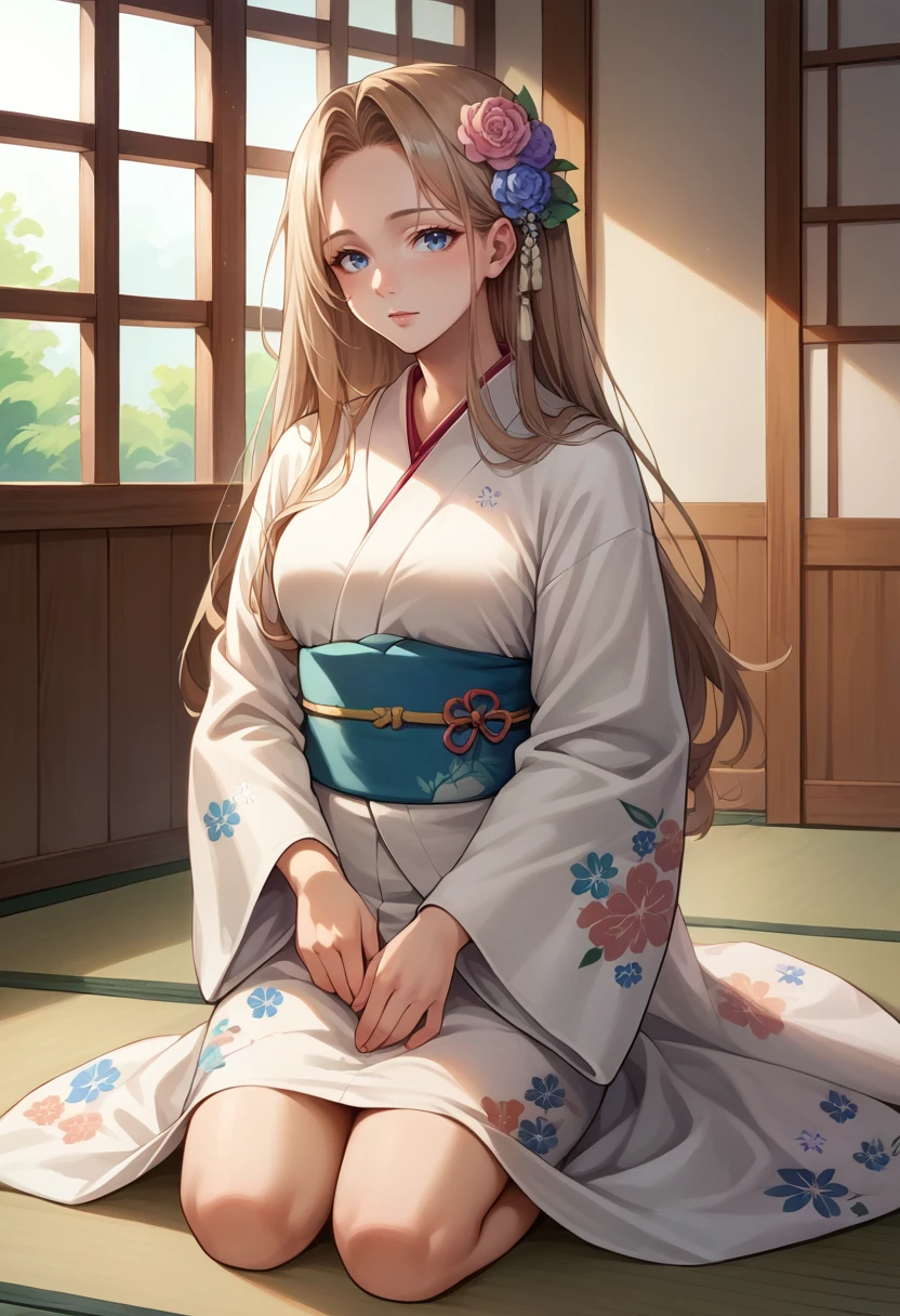 score_9, score_8_up, score_7_up, source_anime, 1girl, solo, Methode, light brown hair, blue eyes, long hair, indoors, kimono, hair flower, floral print, wariza, kneeling, <lora:ChamMethodePonyXL:1>