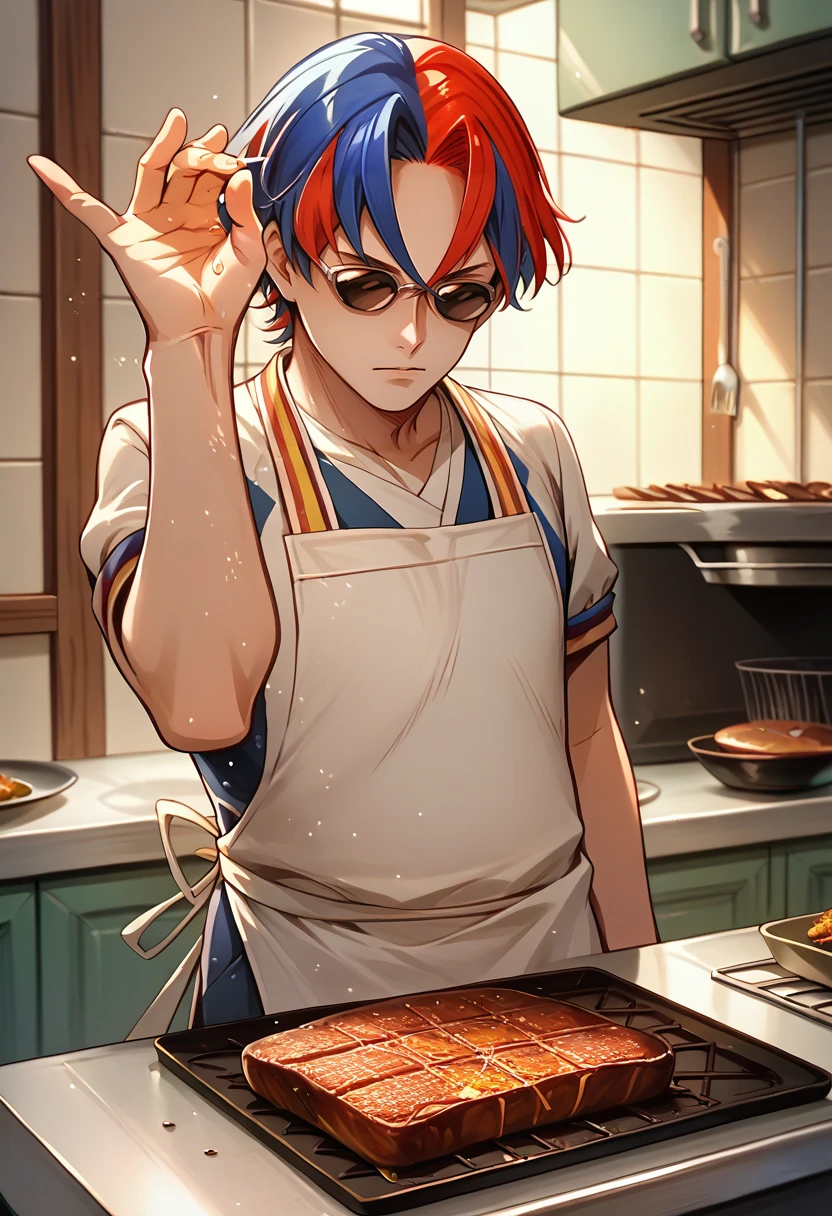 score_9, score_8_up, score_7_up, source_anime, 1boy, solo, sunglasses, <lora:AlearM-pdxl:1> defAlearM, split-color hair, red hair, blue hair, apron, shirt, short sleeves, <lora:SaltBaeMeme_XLPD_CAME:1> SaltBaeMeme, kitchen, salt, steak