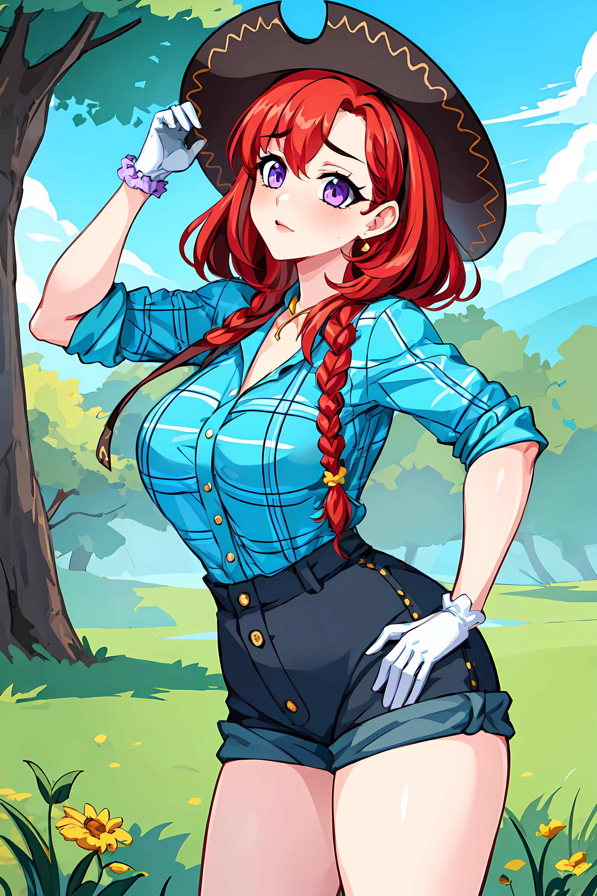 (masterpiece, best quality:1.2), marybelle, 1girl, solo, red hair, braid, hair over shoulder, purple eyes, breasts, cowboy hat, plaid shirt, white gloves, shorts, scrunchie, sleeves rolled up, outdoors <lora:MarybelleCCv1:0.7>