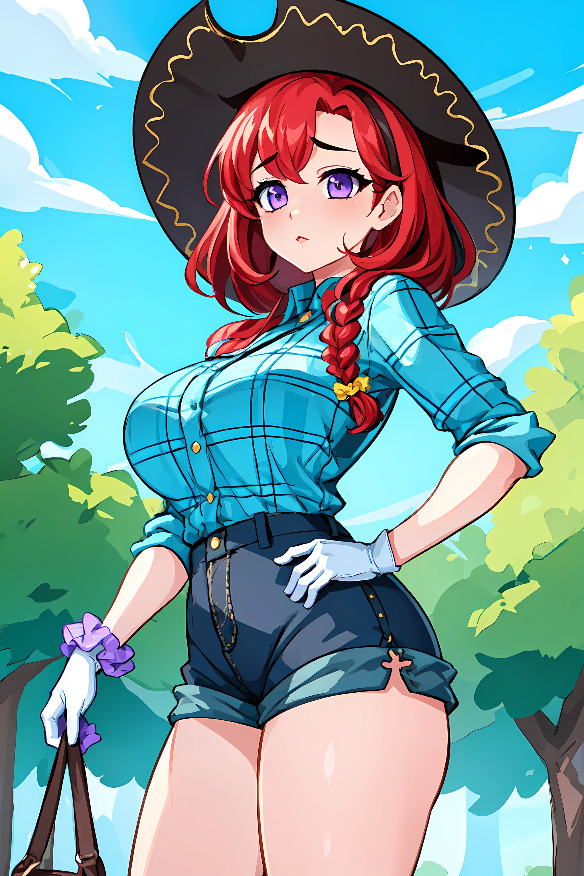 (masterpiece, best quality:1.2), marybelle, 1girl, solo, red hair, braid, hair over shoulder, purple eyes, breasts, cowboy hat, plaid shirt, white gloves, shorts, scrunchie, sleeves rolled up, outdoors <lora:MarybelleCCv1:0.7>