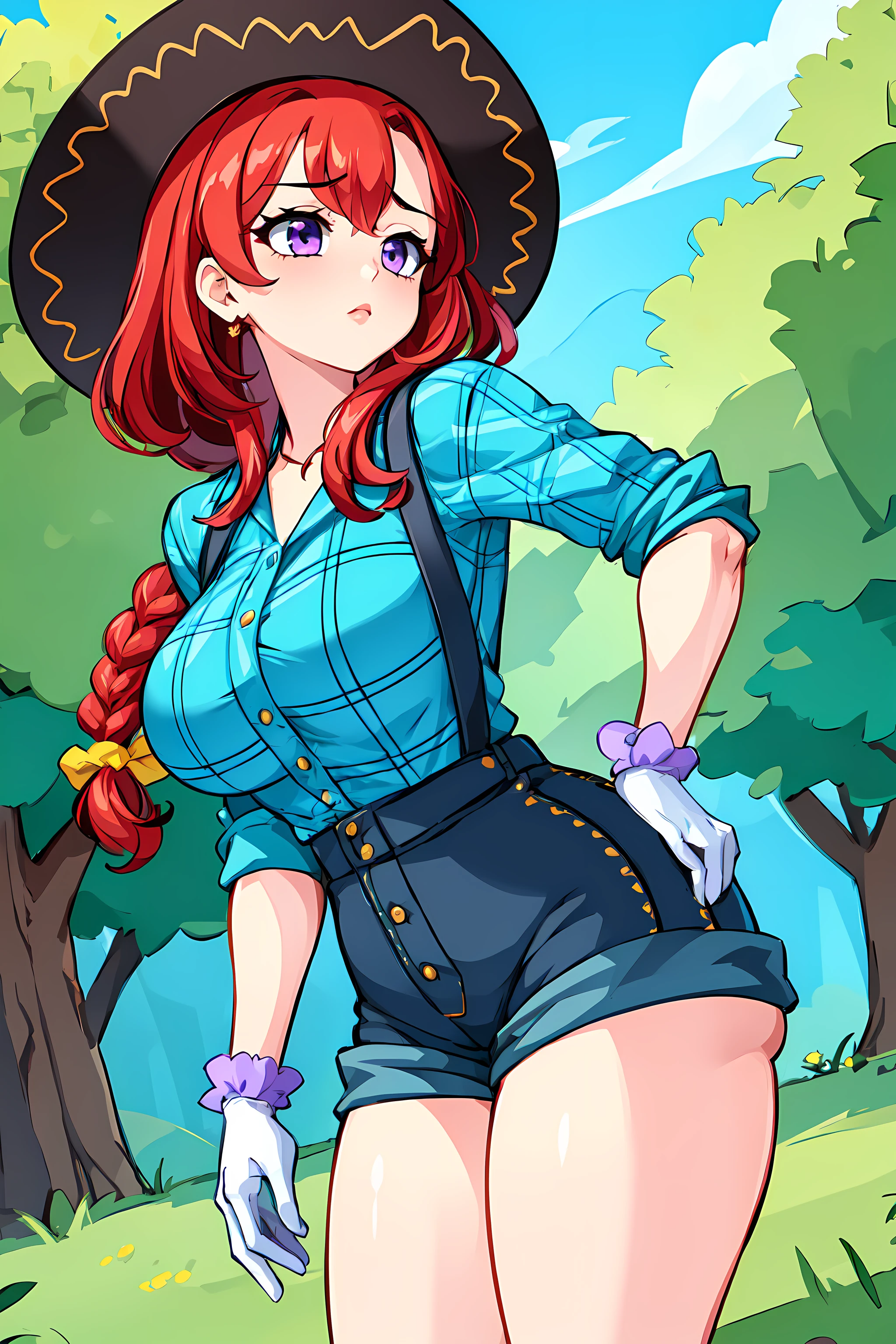 (masterpiece, best quality:1.2), marybelle, 1girl, solo, red hair, braid, hair over shoulder, purple eyes, breasts, cowboy hat, plaid shirt, white gloves, shorts, scrunchie, sleeves rolled up, outdoors <lora:MarybelleCCv1:0.7>