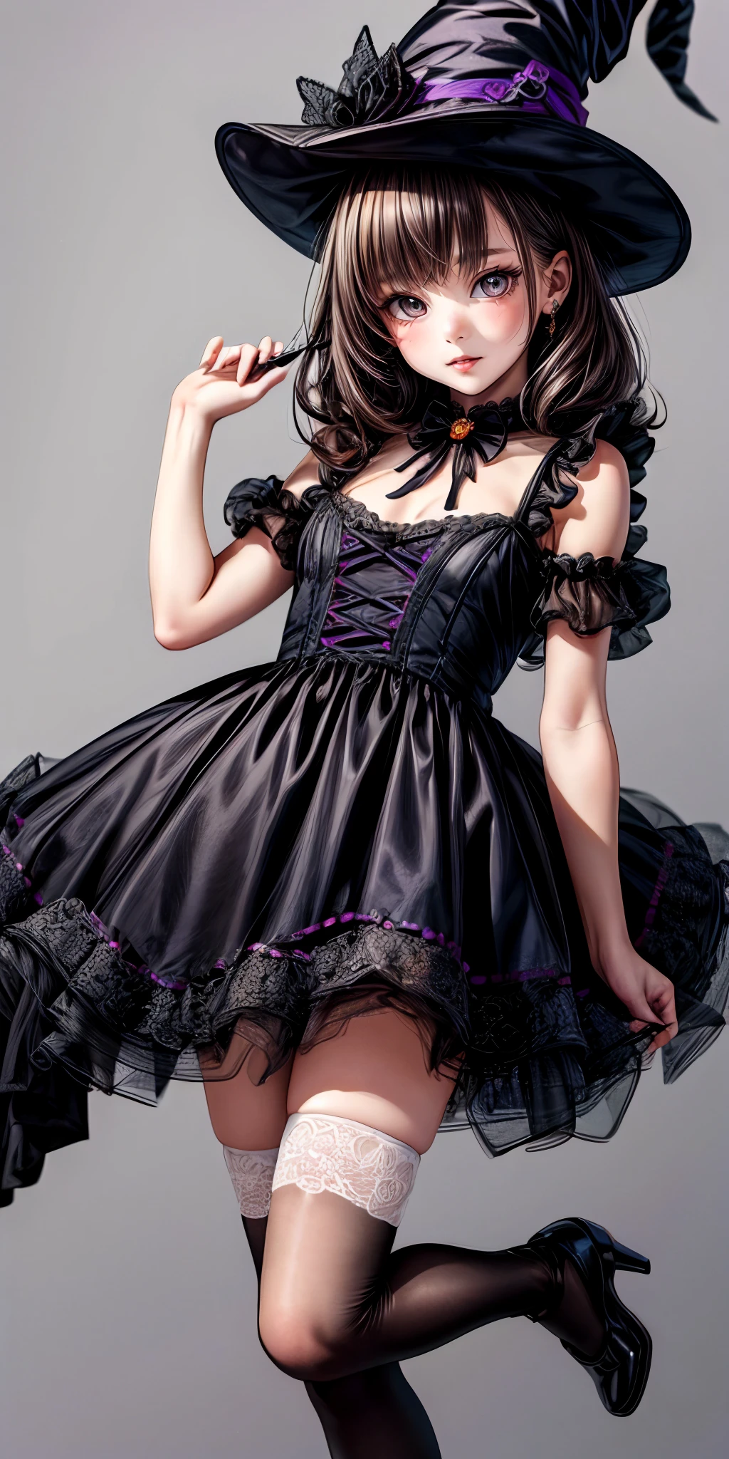 (masterpiece,ultra-detailed,best quality,8K,illustration:1.0),(petite girl:1.0) <lora:more_details:1>,cute face,simple background
 <lora:witch  v1.0:0.5> jyojifuku, witch, hat, dress, halloween,thighhighs