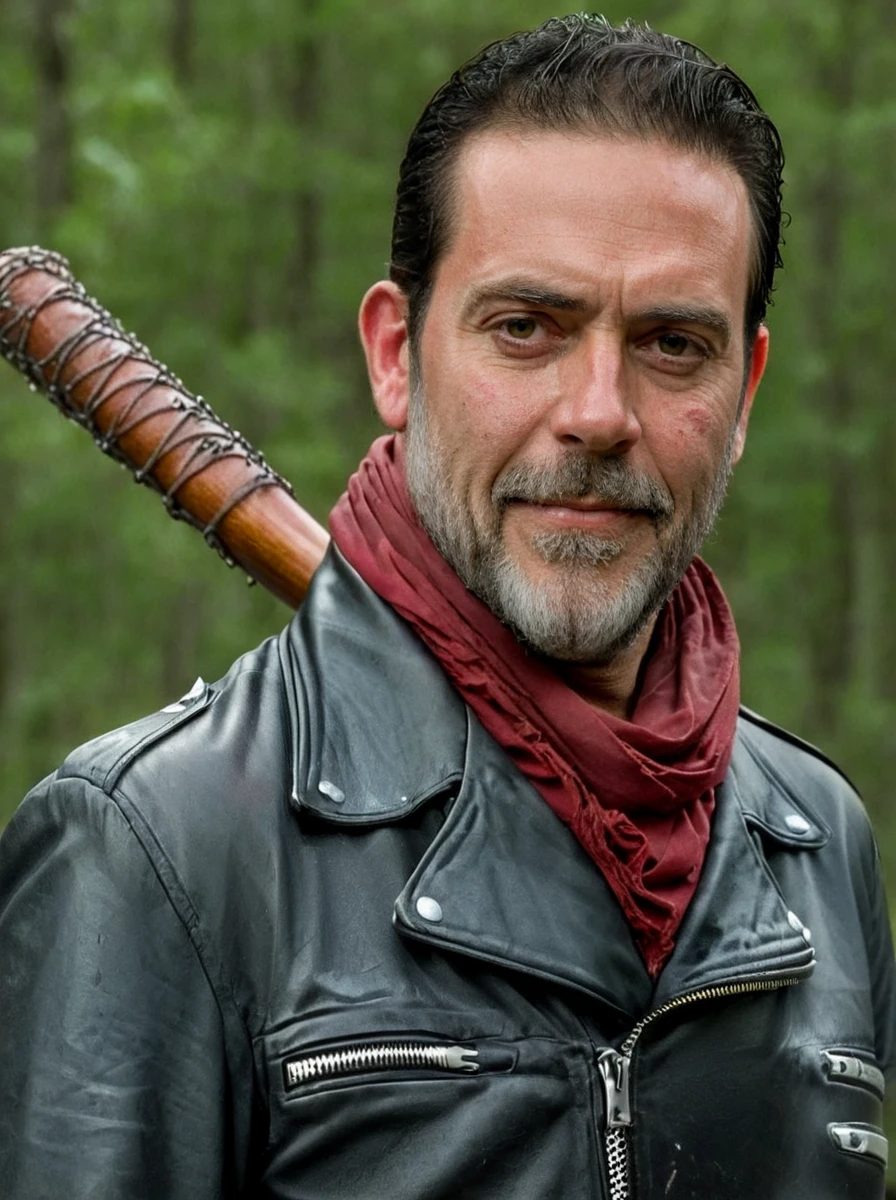 red scarf, beard, negan, leather jacket <lora:negan-000003:0.7>