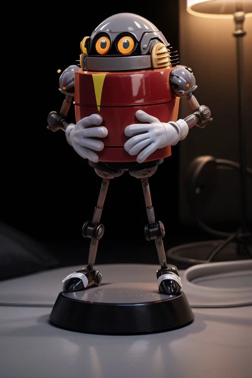 Tall, High quality, nonblurry, male focus, Ultra HD, HDR, 8K, smooth lighting, solo, (fully clothed, masterpiece, photorealistic, good shading, studio quality), (Eggrobo, robot, gray head, red shirt, red chest, jetpack, gray metallic limbs, holding gun, white gloves, black shoes with white straps), best_quality, perfect quality, cinematic lighting, highest quality, intricate details