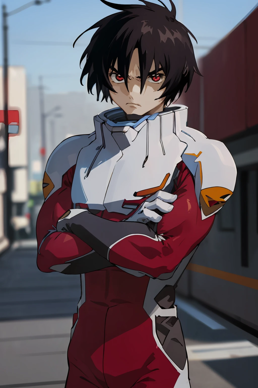 (masterpiece,best quality,high quality,ultra detailed,8K,highres),(muscle:1.2),shinn asuka,1boy,serious expression,tight-fitting,arms crossed,on the street,<lora:shinn-asuka-000010:1>,blurred background,