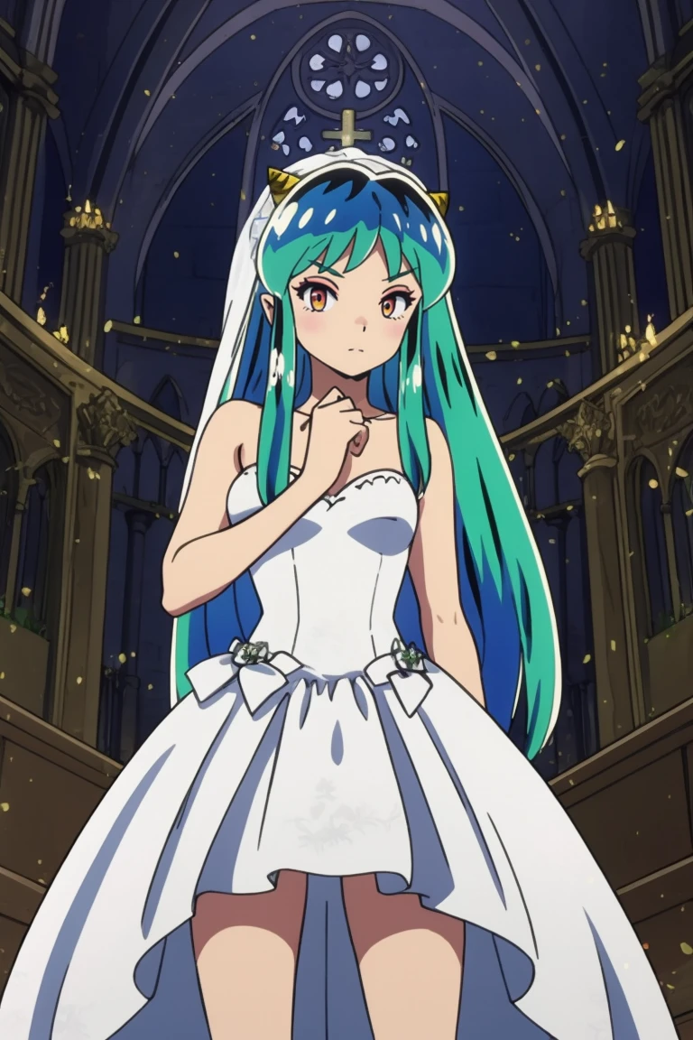 masterpiece, 8k,
lum,  wedding dress, oni horns,
<lora:Urusei Yatsura lum:0.7>
Gothic Cathedral, 
Posing with hands on thighs