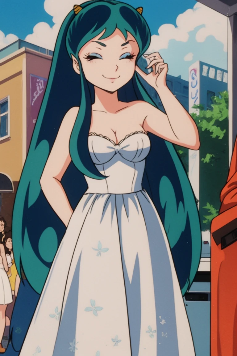 masterpiece, 8k,
lum,  wedding dress, oni horns,
Karate Dojo, 
Posing with arms wrapped around oneself   <lora:Urusei_Yatsura(original) lum:0.7>