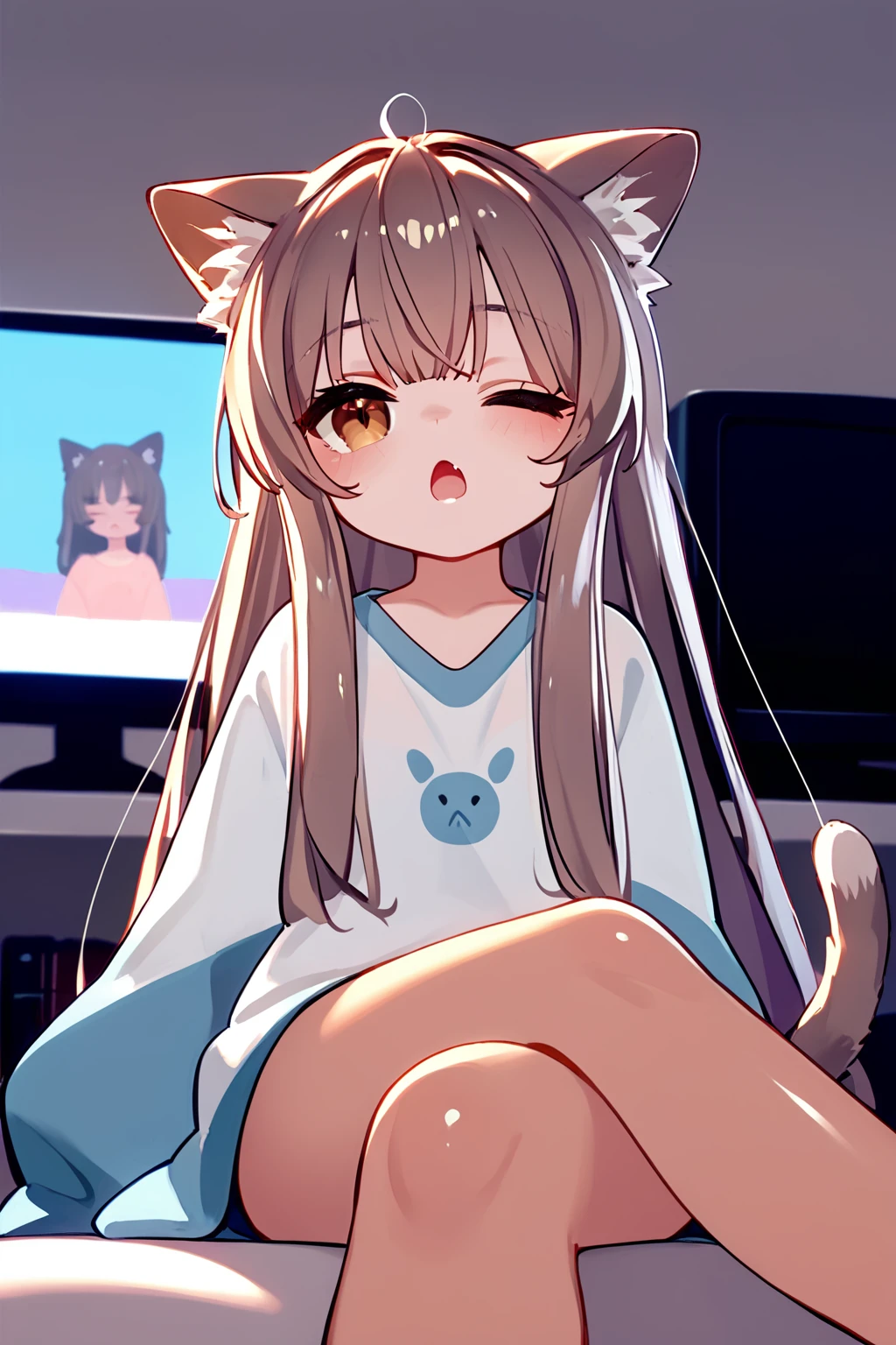 (score_9,score_8_up,score_7_up), shiny skin, 1girl, <lora:Milk_PonyXL_v1:1>, cat ears, animal ear fluff, long hair, light purple hair, grey hair, brown hair, brown eyes, cat tail, oversized white shirt, indoors, kotatsu, television, sleepy, one eye closed, bare legs, open mouth,