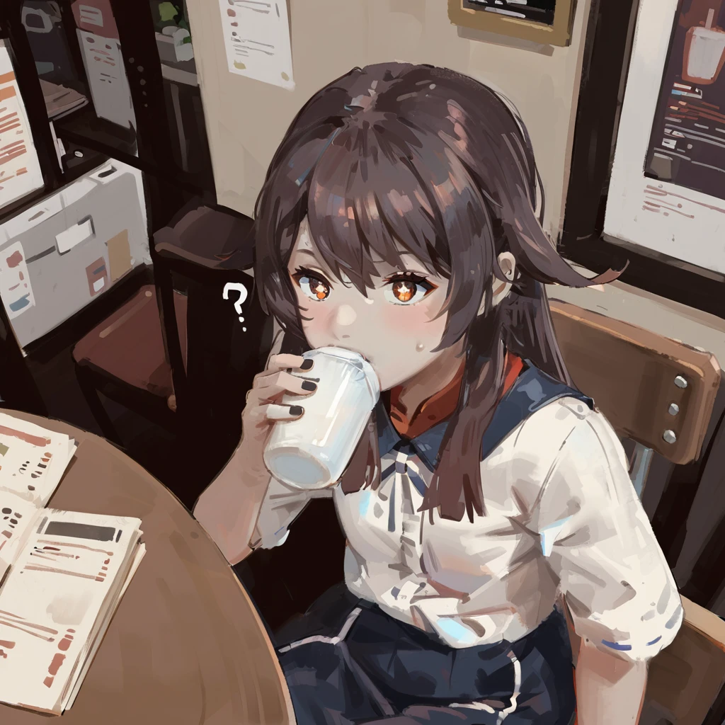 masterpiece, best quality, <lora:style31-xl-a3.1:1>,hu tao,Sitting on a chair, drinking,blue skirt,white shirt,cafe, pov,?