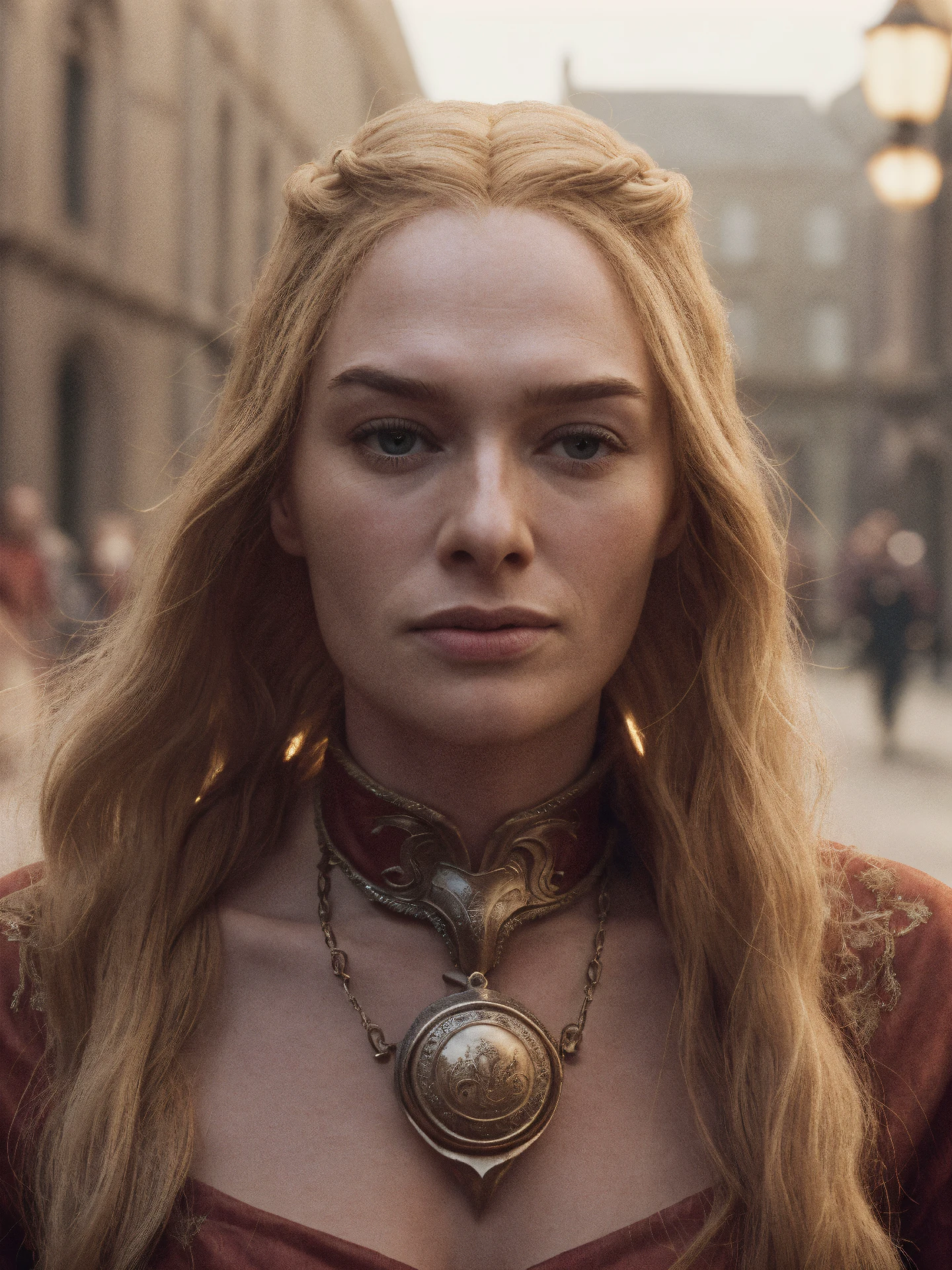 crsi woman, long blonde hair,close-up,volumetric lighting,cinematic,middle of street,red dress