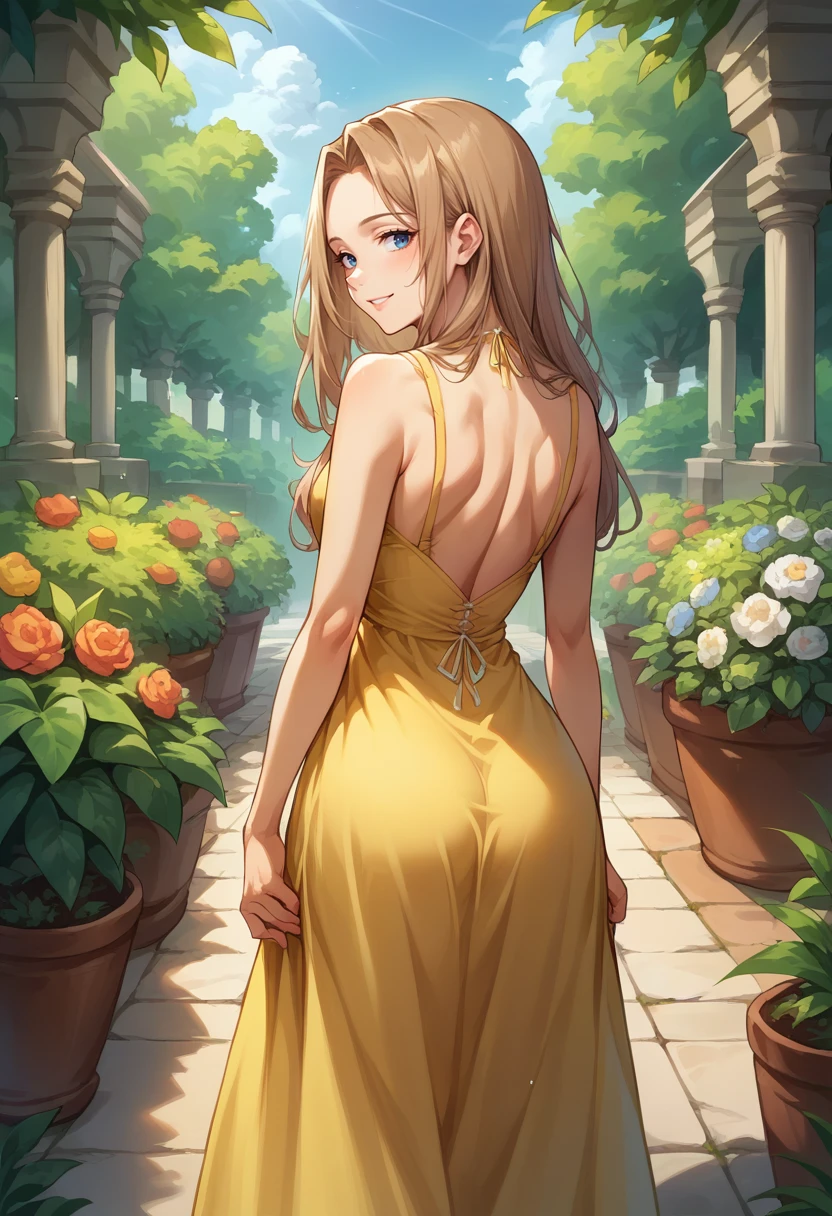 score_9, score_8_up, score_7_up, source_anime, 1girl, solo, Methode, light brown hair, blue eyes, long hair, from behind, yellow sundress, garden, day, sunshine, smile, looking back, <lora:ChamMethodePonyXL:1>