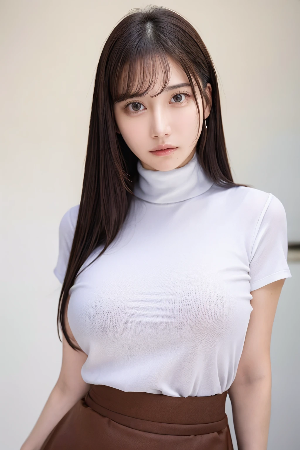 1girl, rinhachimitsu_jav, breasts, long hair, black hair, brown hair, brown eyes, bangs, <lora:JAV_rin_hachimitsu_v1_epoch_10:0.8>
looking at viewer, shot using canon DSLR,  from front, cowboy shot, turtleneck shirt, skirt, highwaist,
detailed body, attractive body, perfect human body, realistic face, good hands,
(ultimate quality, masterpiece, highres:1.0), realistic:1.8, photorealistic,  <lora:goodhands_Beta_Gtonero:1>