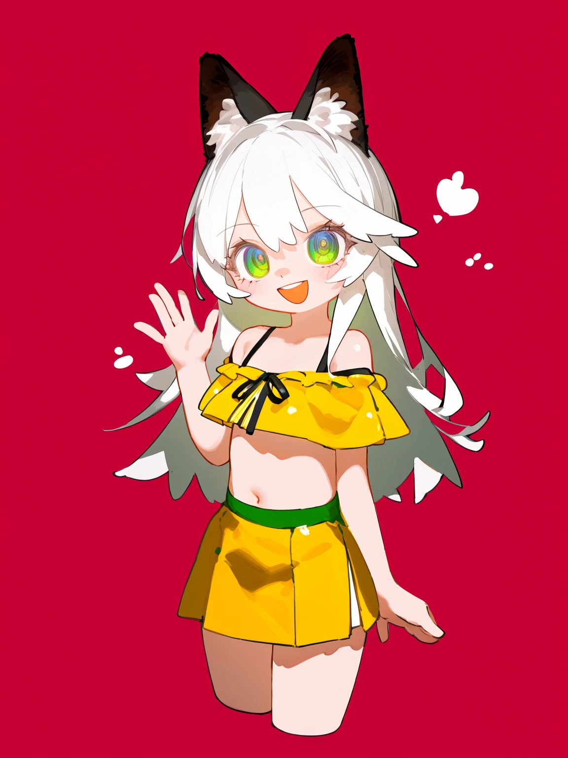 highres,detailed,best quality,masterpiece,illustration,wallpaper,1girl,solo,green eyes,smile,:d,long hair,white hair,animal ears,animal ear fluff,eyebrows visible through hair,medium breasts,navel,bare shoulders,yellow jacket,off shoulder,crop top,midriff,yellow skirt,hand up,waving,cropped legs,simple background,blue background, <lora:lvzi:1>