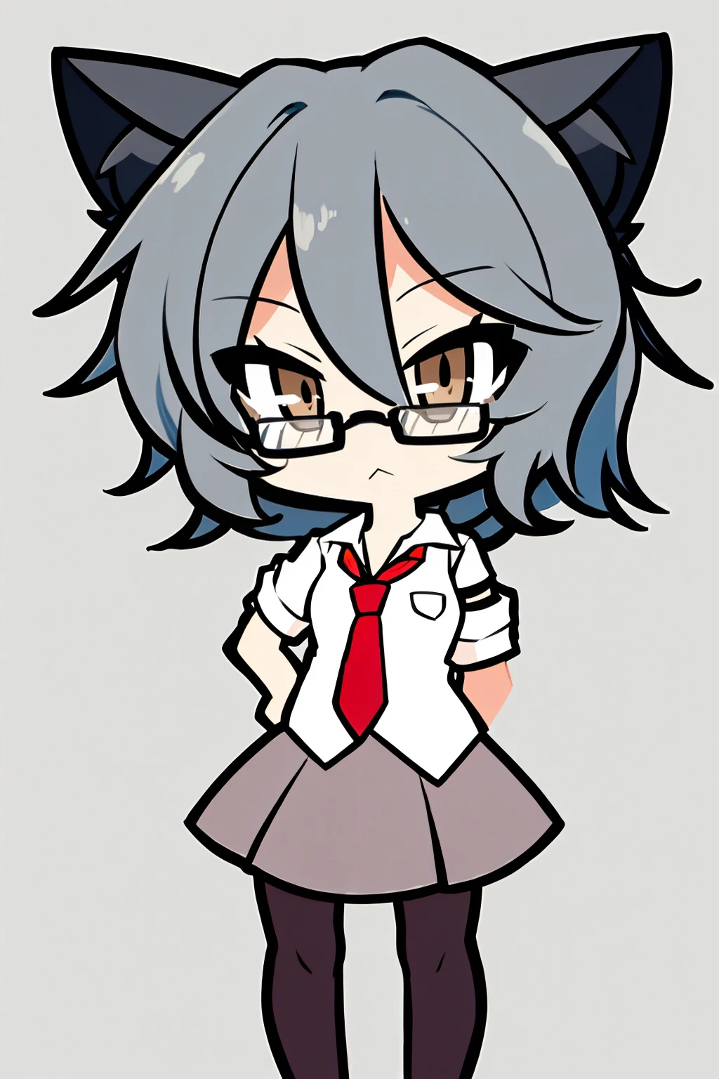 masterpiece, best quality,
1girl, chibi, qpsyuki , grey hair, short hair, brown eyes, cat girl, cat ears, glasses,
necktie,  white shirt, skirt, pantyhose,
standing, looking at viewer, simple background     <lora:Yuki:1>